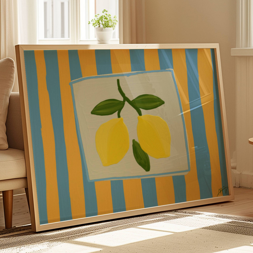 Playful Hand drawn Kitchen wall art with lemons illustration on a blue and yellow striped background inspired by Mediterranean interiors. This is a hand drawn Food Oil Painting kitchen and bar cart art Print decor for playful kitchens, dining spaces and eclectic interiors.