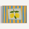 Playful Hand drawn Kitchen wall art with lemons illustration on a blue and yellow striped background inspired by Mediterranean interiors. This is a hand drawn Food Oil Painting kitchen and bar cart art Print decor for playful kitchens, dining spaces and eclectic interiors.