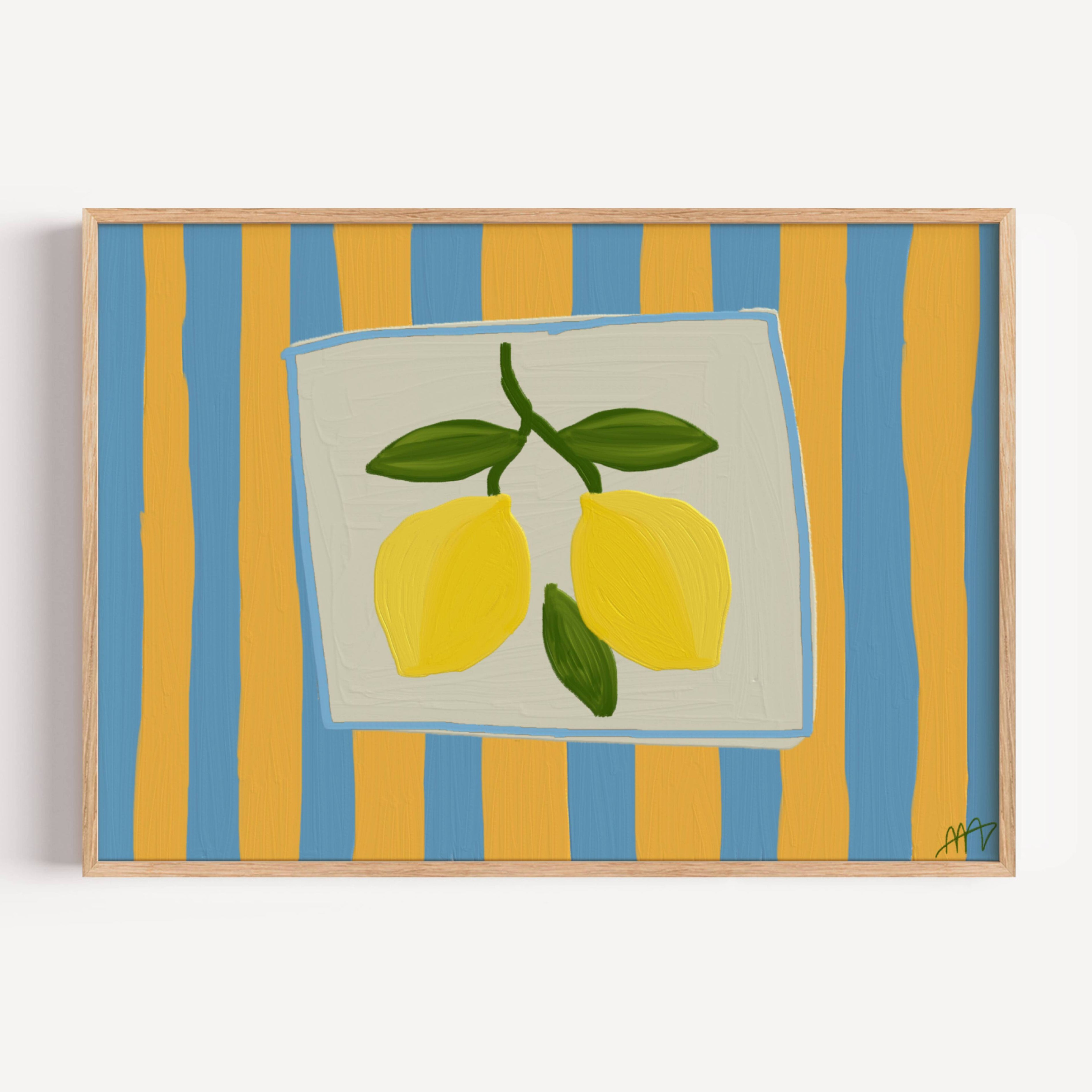 Playful Hand drawn Kitchen wall art with lemons illustration on a blue and yellow striped background inspired by Mediterranean interiors. This is a hand drawn Food Oil Painting kitchen and bar cart art Print decor for playful kitchens, dining spaces and eclectic interiors.