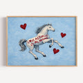 Symbolic Eclectic White Horse with red hearts and handwritten quote "Love Actually is All Around" on a soft blue background. This is a hand drawn Contemporary Folk art Print Oil Painting