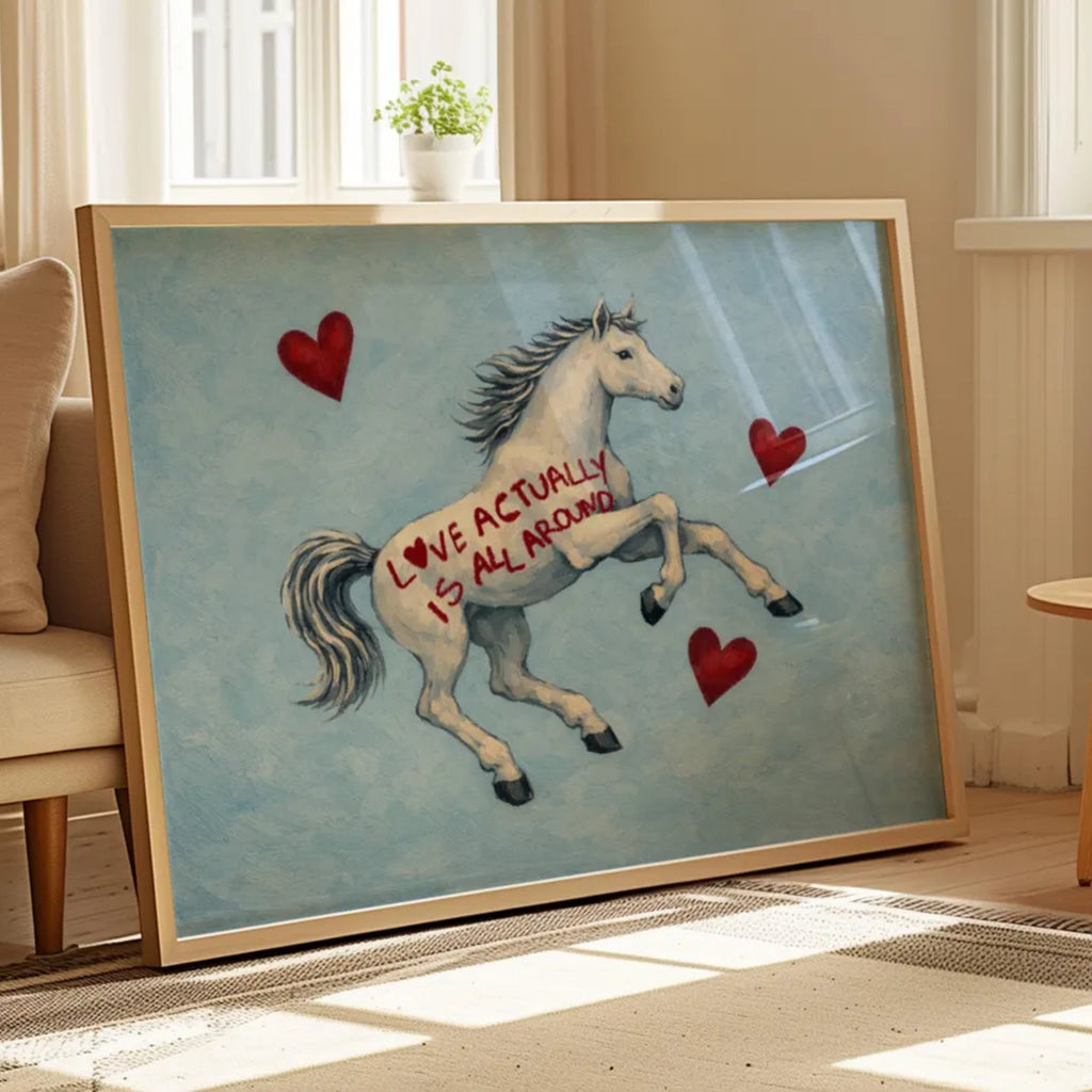 Symbolic Eclectic White Horse with red hearts and handwritten quote "Love Actually is All Around" on a soft blue background. This is a hand drawn Contemporary Folk art Print Oil Painting.