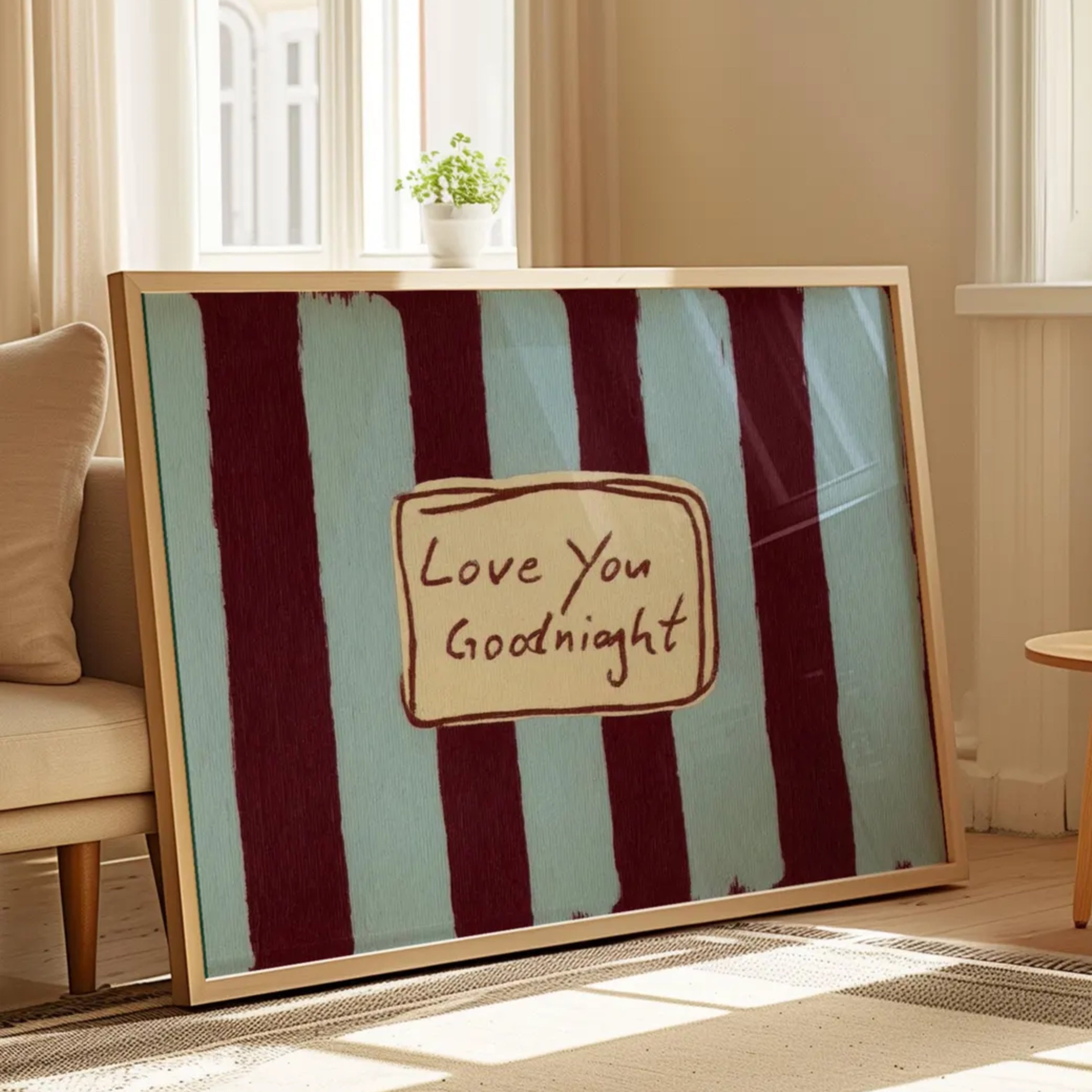 hand drawn Playful typography print with the phrase "Love You Goodnight" on a retro burgundy blue striped background, on textured oil painting canva. This is a hand drawn trendy typography wall art print ideal for bedrooms, dorm room decor, gallery walls and playful interiors.