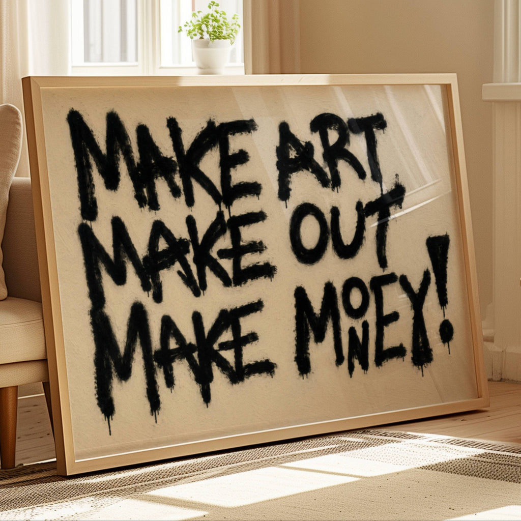 hand drawn trendy Motivational typography print in grafitti style with the quote "MAKE ART MAKE OUT MAKE MONEY" in a textured neutral canva. This is a trendy minimalist typography wall art print ideal for above bed, bedrooms, dorm room decor, living rooms and kitchens, gallery walls and playful interiors. The perfect Cool Girl Apartment decor