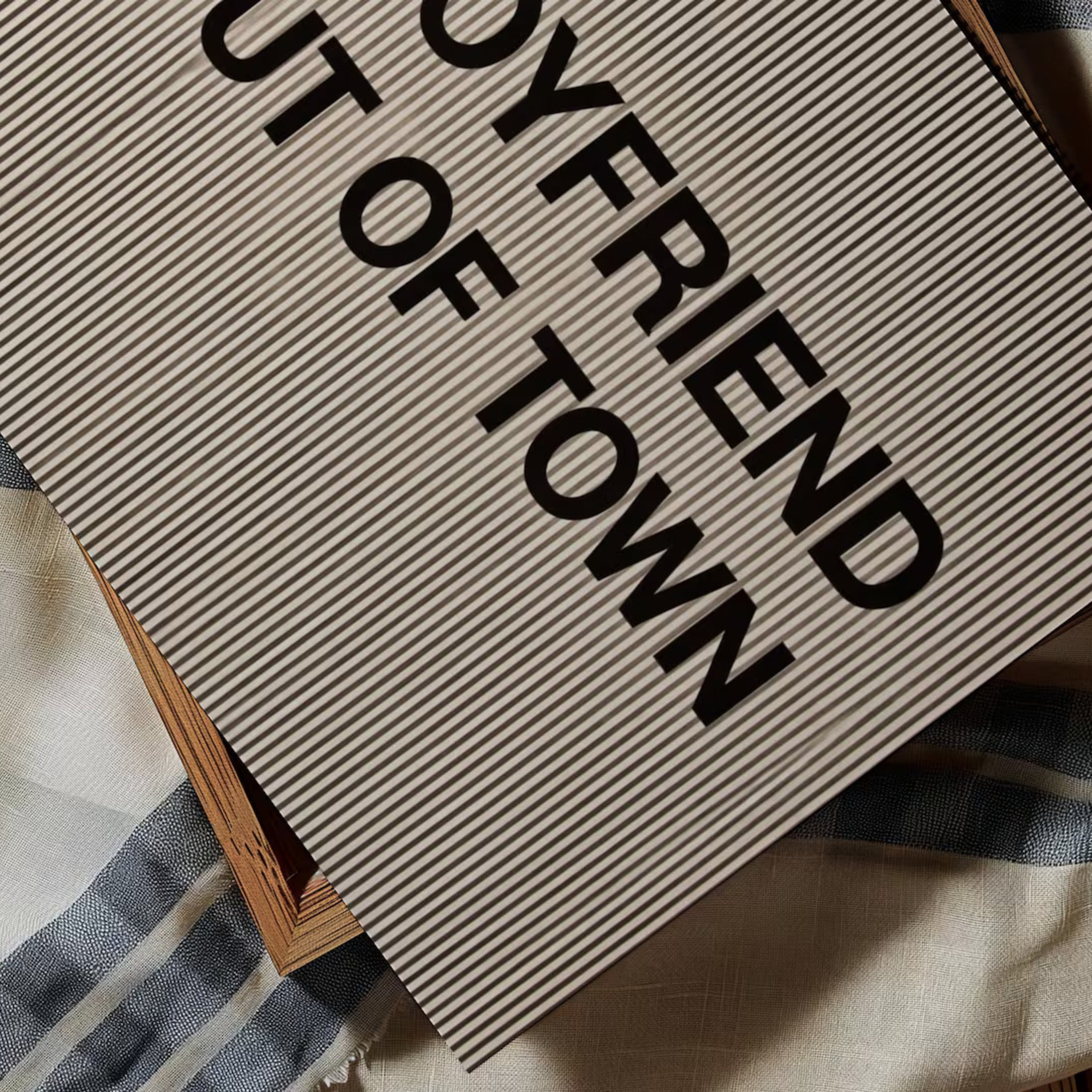 hand drawn Playful Funny typography print with the phrase "MY BOYFRIEND IS OUT OF TOWN" in a retro striped neutral canva. This is a trendy funny typography wall art print ideal for above bed, bedrooms, dorm room decor, living rooms and kitchens, gallery walls and playful interiors. The perfect Cool Girl Apartment decor