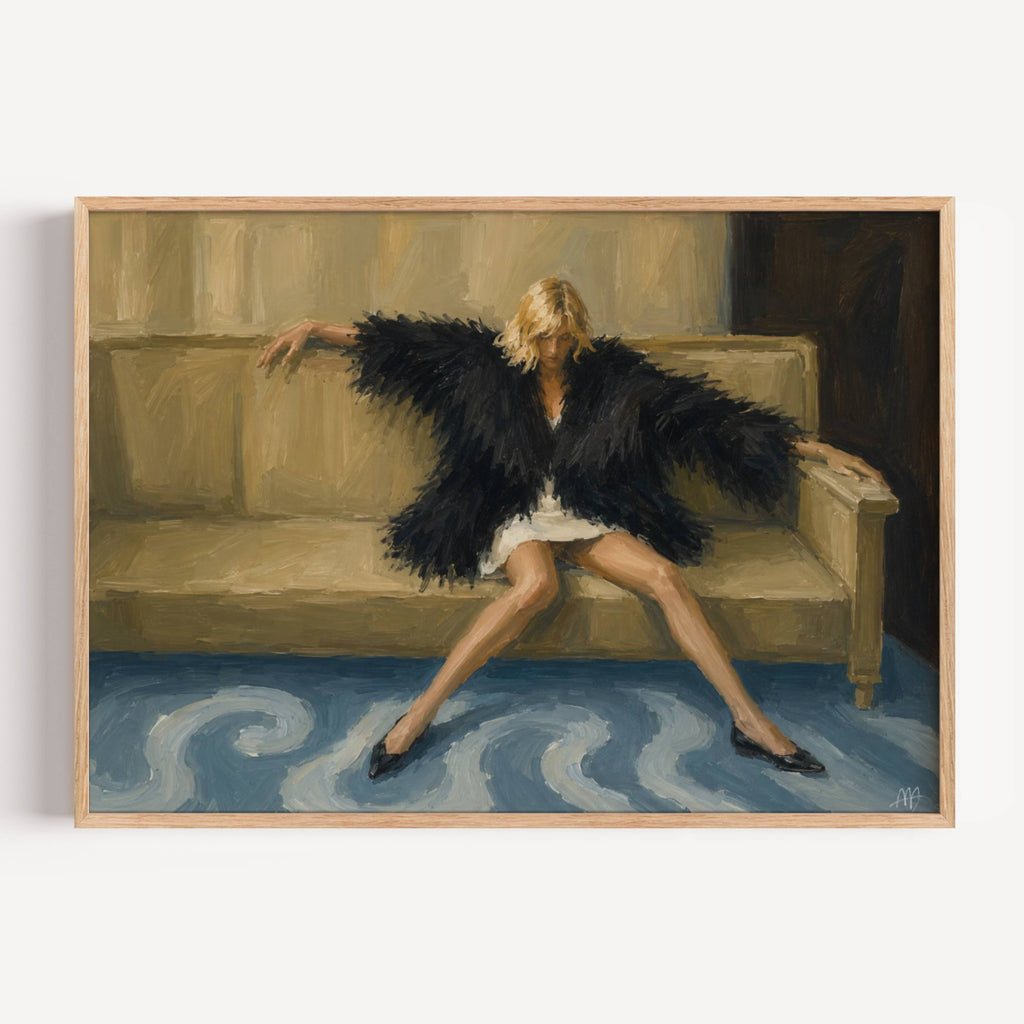 Main character fatigue is a hand painted contemporary figurative wall art print of a woman figure sitting on a sofa wearing a black feathery fur outfit, inspired by contemporary figurative painting, cinematic images, the melancholy beauty of old films, bringing storytelling, atmosphere and fashion. large textured canva oil painting wall art print