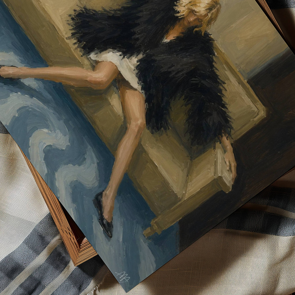 Main character fatigue is a hand painted contemporary figurative wall art print of a woman figure sitting on a sofa wearing a black feathery fur outfit, inspired by contemporary figurative painting, cinematic images, the melancholy beauty of old films, bringing storytelling, atmosphere and fashion. large textured canva oil painting wall art print