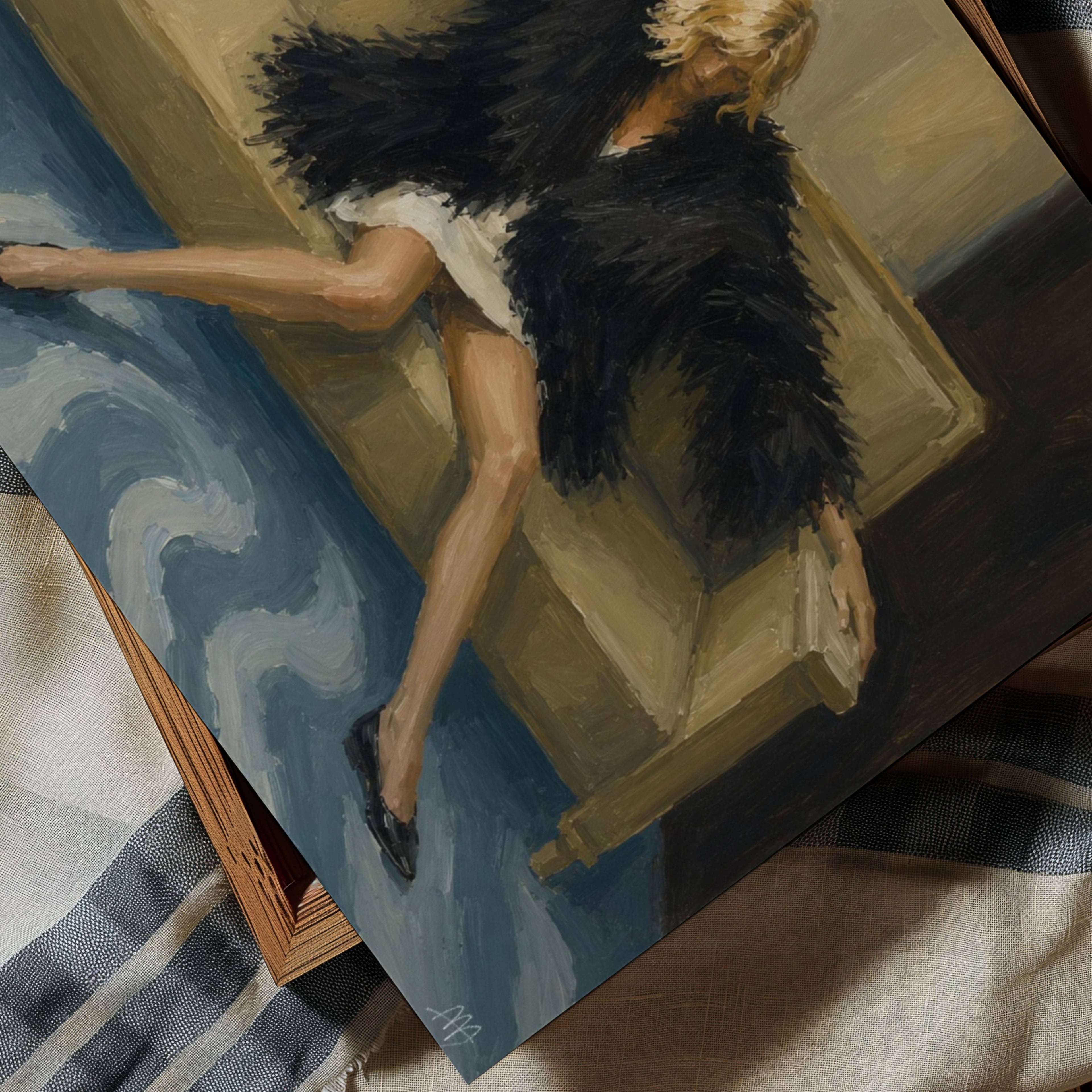 Main character fatigue is a hand painted contemporary figurative wall art print of a woman figure sitting on a sofa wearing a black feathery fur outfit, inspired by contemporary figurative painting, cinematic images, the melancholy beauty of old films, bringing storytelling, atmosphere and fashion. large textured canva oil painting wall art print