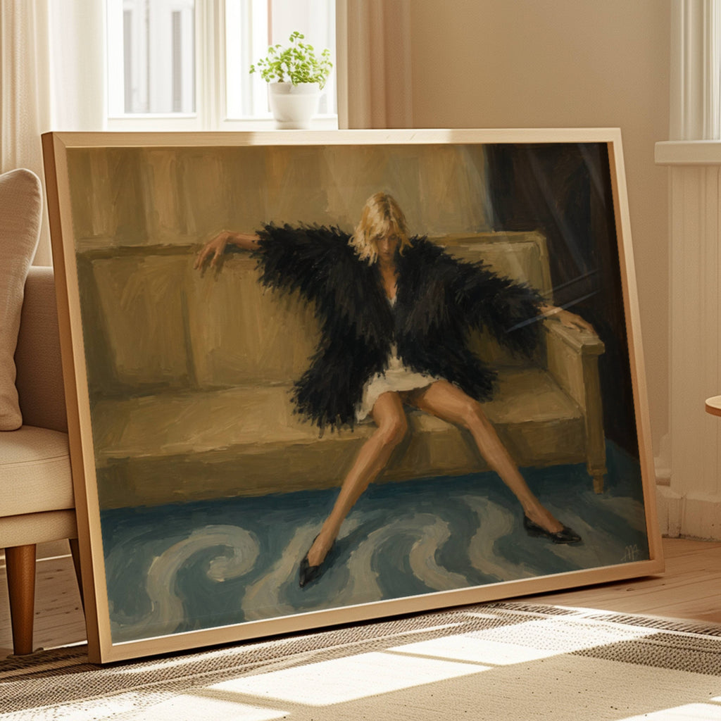 Main character fatigue is a hand painted contemporary figurative wall art print of a woman figure sitting on a sofa wearing a black feathery fur outfit, inspired by contemporary figurative painting, cinematic images, the melancholy beauty of old films, bringing storytelling, atmosphere and fashion. large textured canva oil painting wall art print