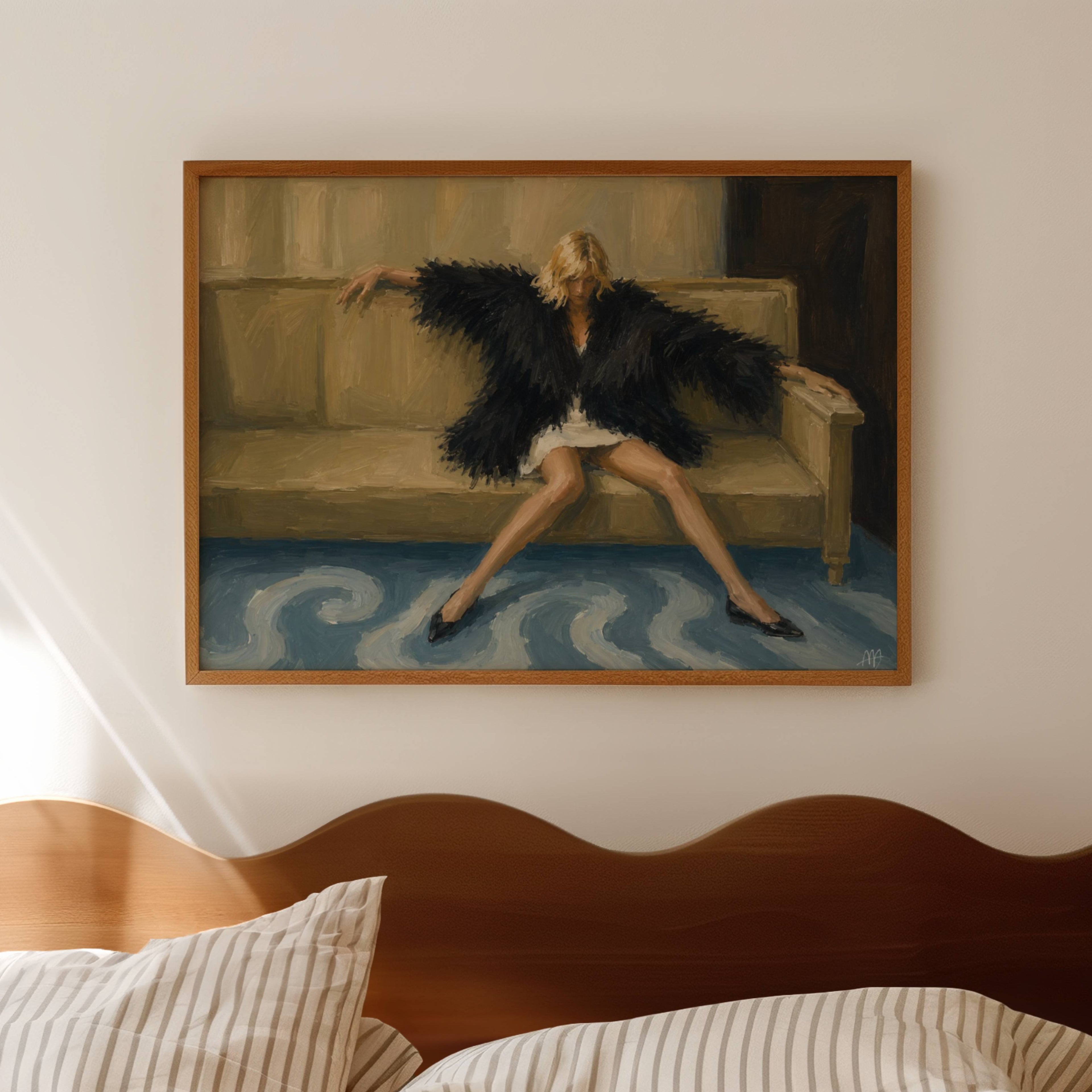 Main character fatigue is a hand painted contemporary figurative wall art print of a woman figure sitting on a sofa wearing a black feathery fur outfit, inspired by contemporary figurative painting, cinematic images, the melancholy beauty of old films, bringing storytelling, atmosphere and fashion. large textured canva oil painting wall art print