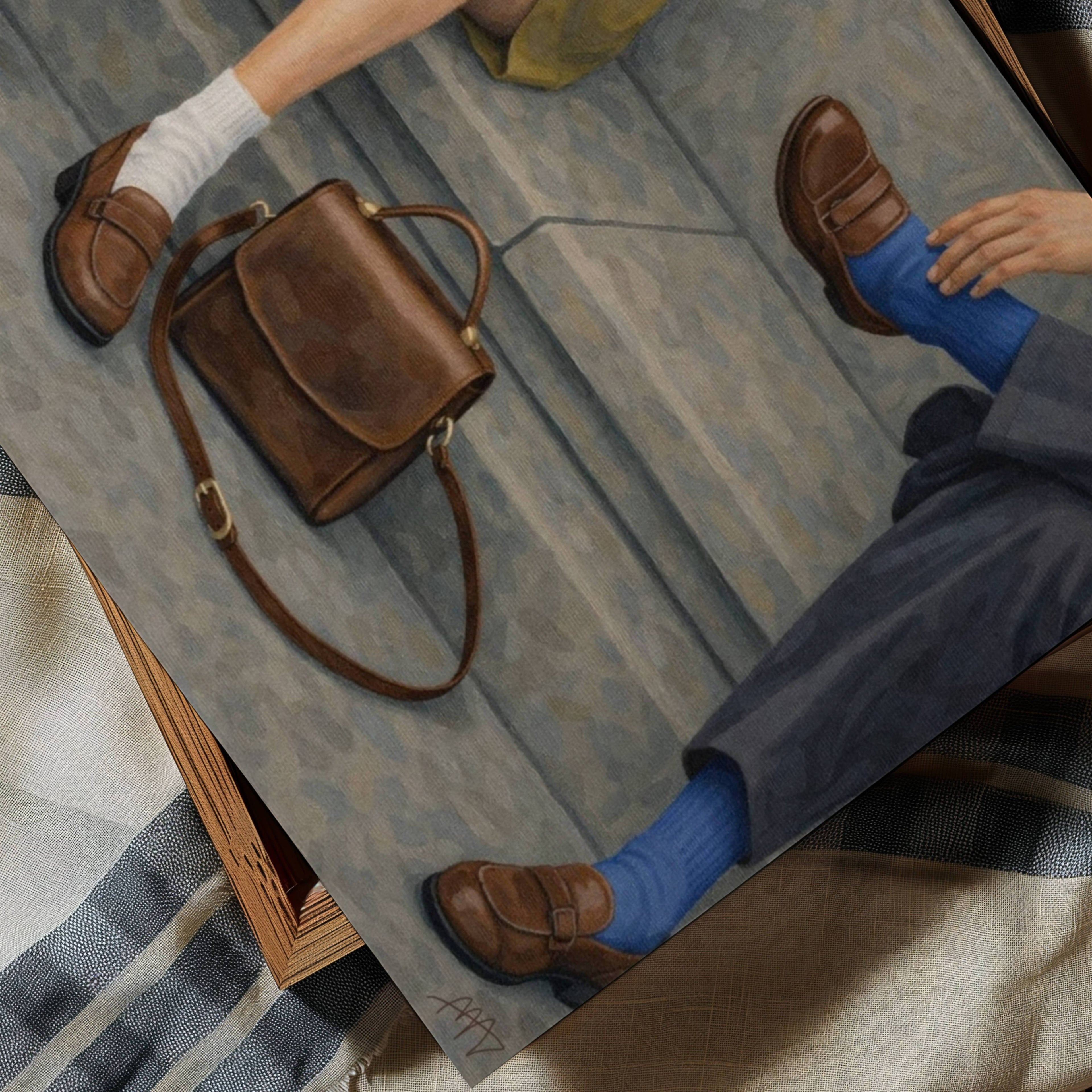 Meet me at the pavement is a hand painted Contemporary and figurative wall art of two seated figures, vintage shoes and a handbag in a nostalgic mid century inspired scene, against a grey background with expressive painterly texture. Minimalist Mid century modern oil painting with loafers in cinematic nostalgia composition.