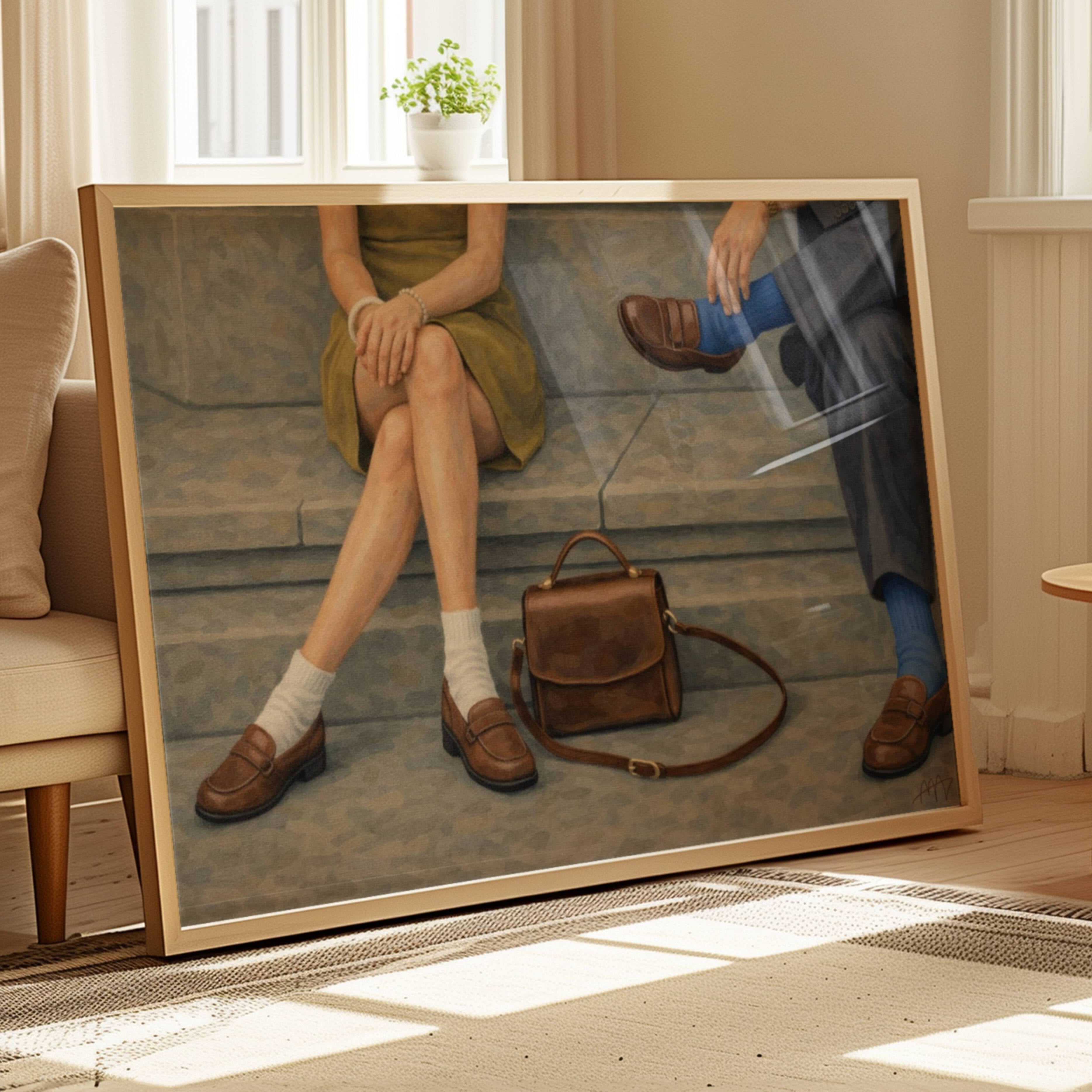 Meet me at the pavement is a hand painted Contemporary and figurative wall art of two seated figures, vintage shoes and a handbag in a nostalgic mid century inspired scene, against a grey background with expressive painterly texture. Minimalist Mid century modern oil painting with loafers in cinematic nostalgia composition.
