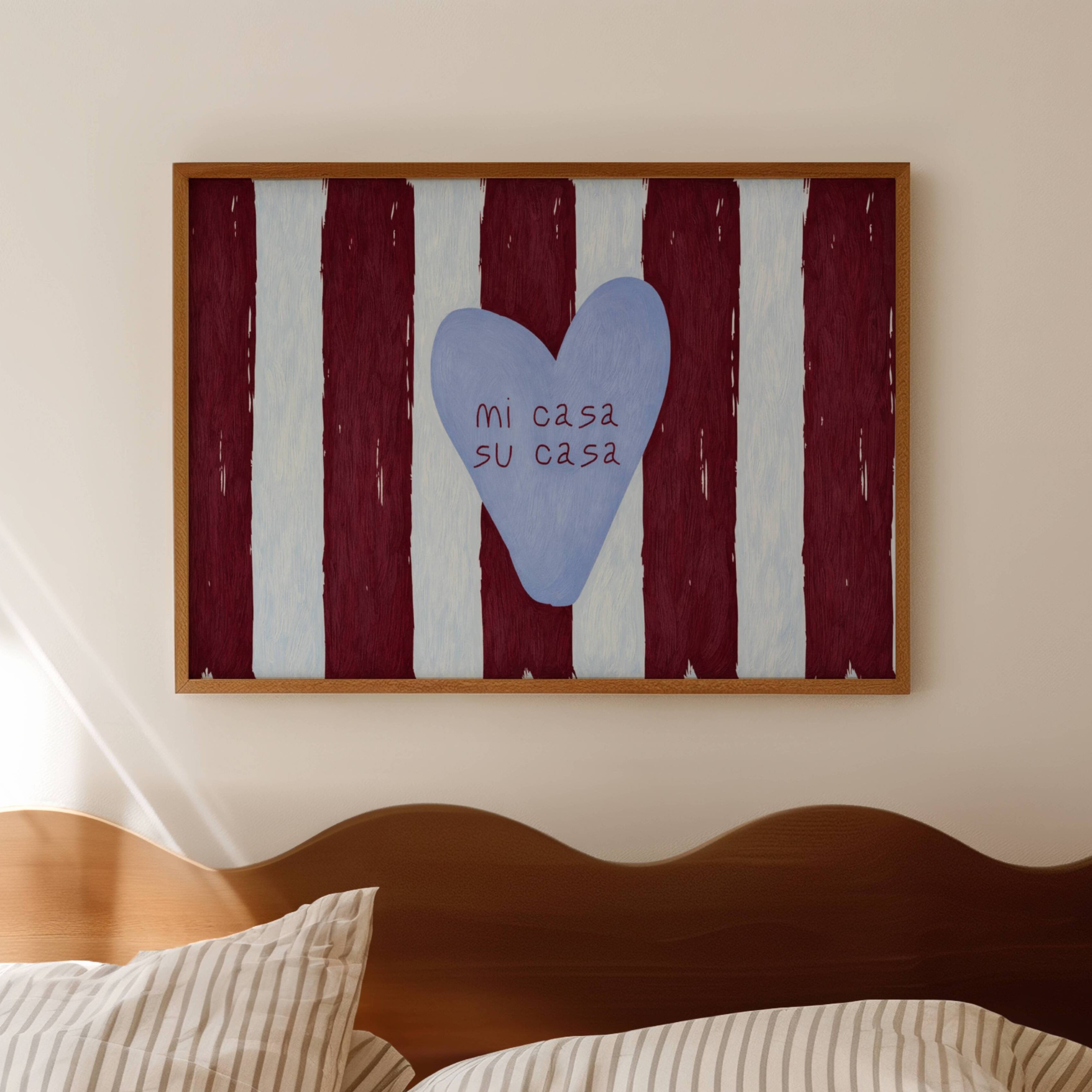 hand drawn Playful typography print with the phrase "mi casa su casa" in striped blue and burgundy, on textured oil painting canva. This is a hand drawn trendy typography wall art print ideal for above bed, bedrooms, dorm room decor, living rooms and kitchens, gallery walls and playful interiors.