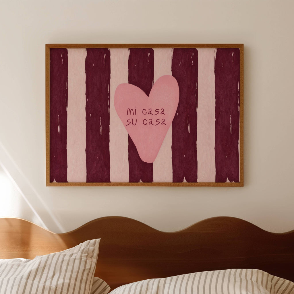 hand drawn Playful typography print with the phrase "mi casa su casa" in striped pink and burgundy, on textured oil painting canva. This is a hand drawn trendy typography wall art print ideal for above bed, bedrooms, dorm room decor, living rooms and kitchens, gallery walls and playful interiors.