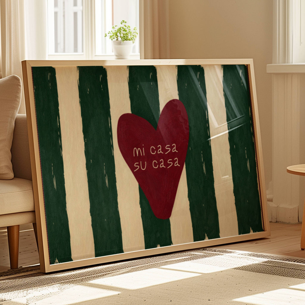 hand drawn Playful typography print with the phrase "mi casa su casa" in striped deep green and off white, on textured oil painting canva. This is a hand drawn trendy typography wall art print ideal for above bed, bedrooms, dorm room decor, living rooms and kitchens, gallery walls and playful interiors
