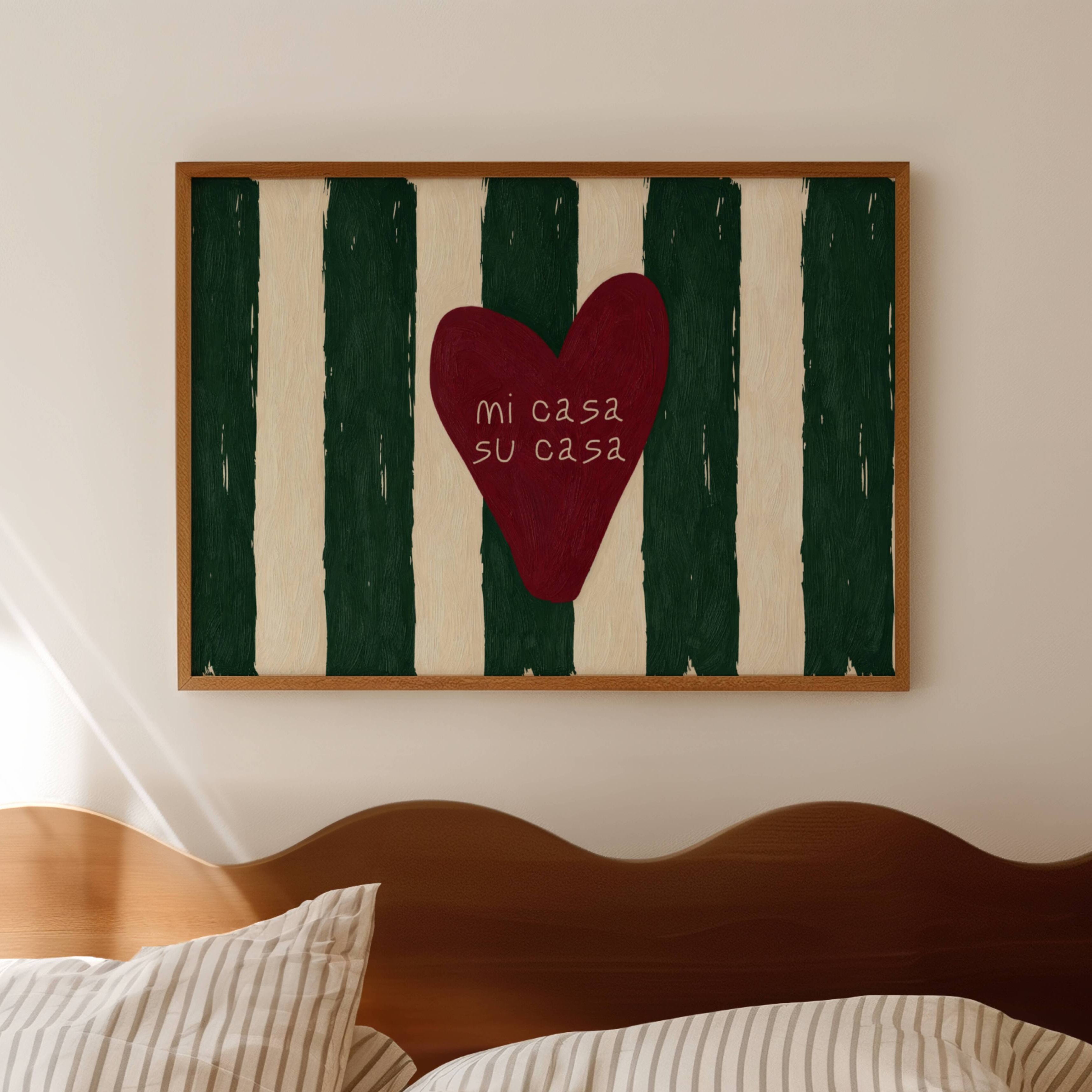 hand drawn Playful typography print with the phrase "mi casa su casa" in striped deep green and off white, on textured oil painting canva. This is a hand drawn trendy typography wall art print ideal for above bed, bedrooms, dorm room decor, living rooms and kitchens, gallery walls and playful interiors.