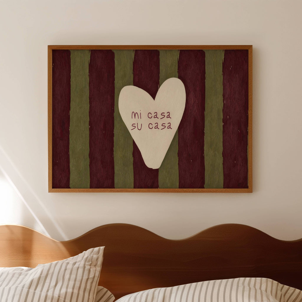 hand drawn Playful typography print with the phrase "mi casa su casa" in striped khaki burgundy, on textured oil painting canva. This is a hand drawn trendy typography wall art print ideal for above bed, bedrooms, dorm room decor, living rooms and kitchens, gallery walls and playful interiors.