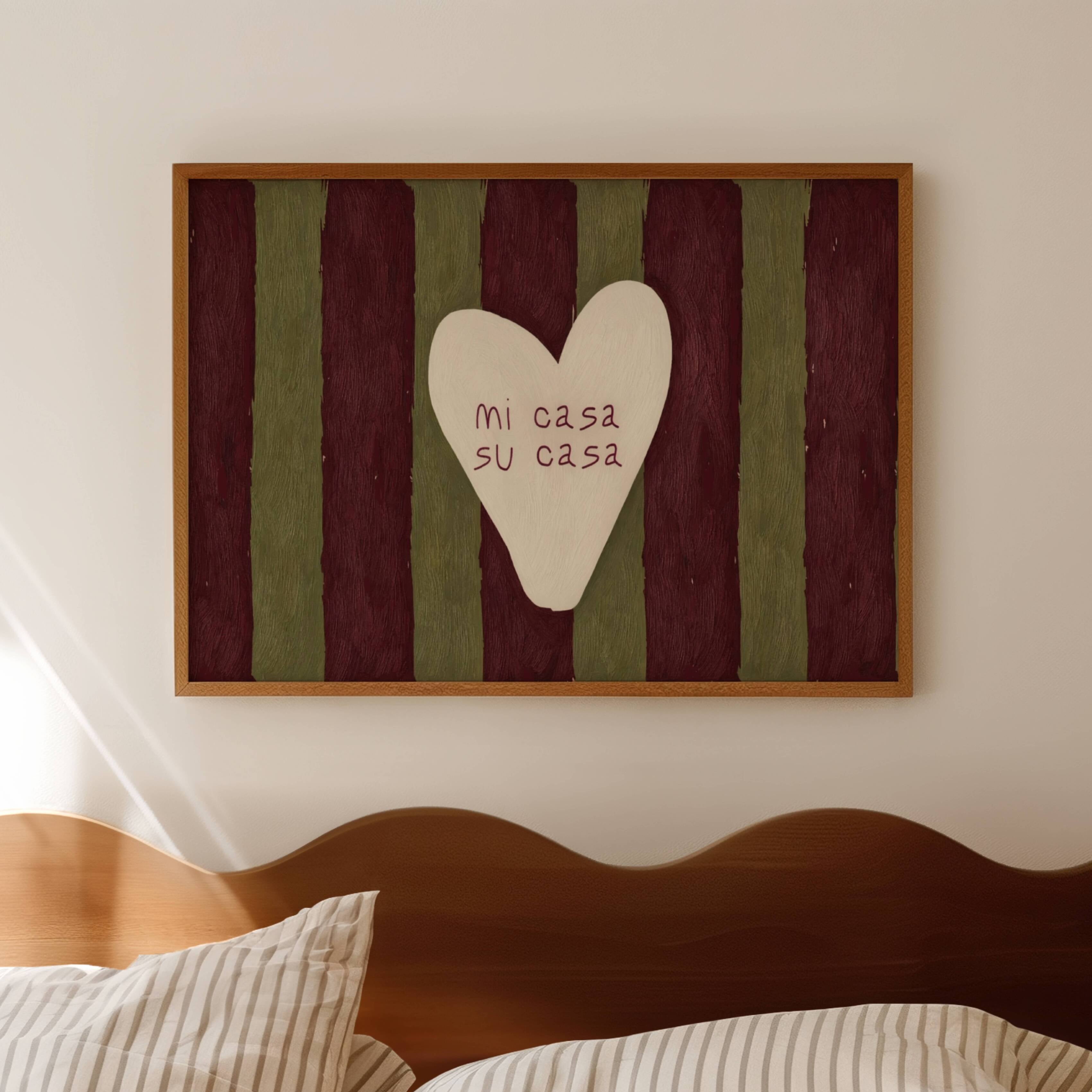 hand drawn Playful typography print with the phrase "mi casa su casa" in striped khaki burgundy, on textured oil painting canva. This is a hand drawn trendy typography wall art print ideal for above bed, bedrooms, dorm room decor, living rooms and kitchens, gallery walls and playful interiors.