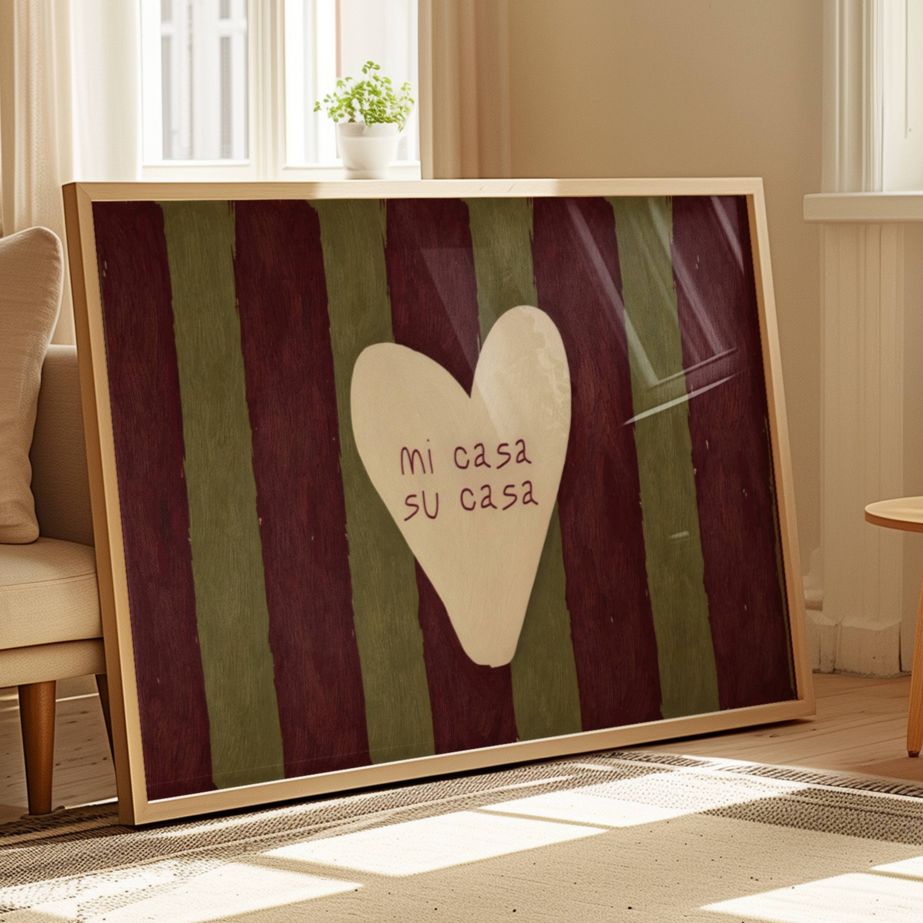hand drawn Playful typography print with the phrase "mi casa su casa" in striped khaki and burgundy, on textured oil painting canva. This is a hand drawn trendy typography wall art print ideal for above bed, bedrooms, dorm room decor, living rooms and kitchens, gallery walls and playful interiors.