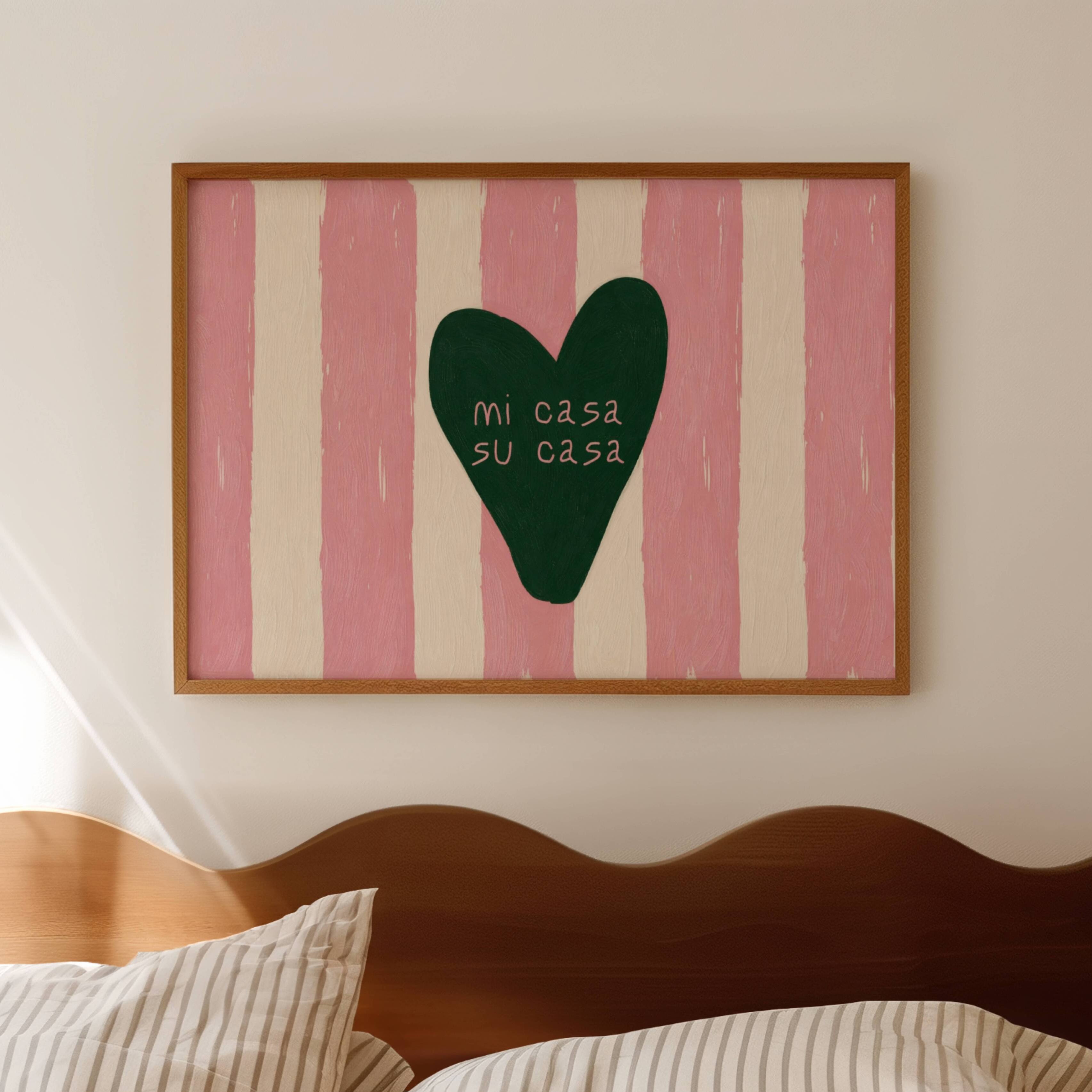 hand drawn Playful typography print with the phrase "mi casa su casa" in striped pink and off white, on textured oil painting canva. This is a hand drawn trendy typography wall art print ideal for above bed, bedrooms, dorm room decor, living rooms and kitchens, gallery walls and playful interiors.