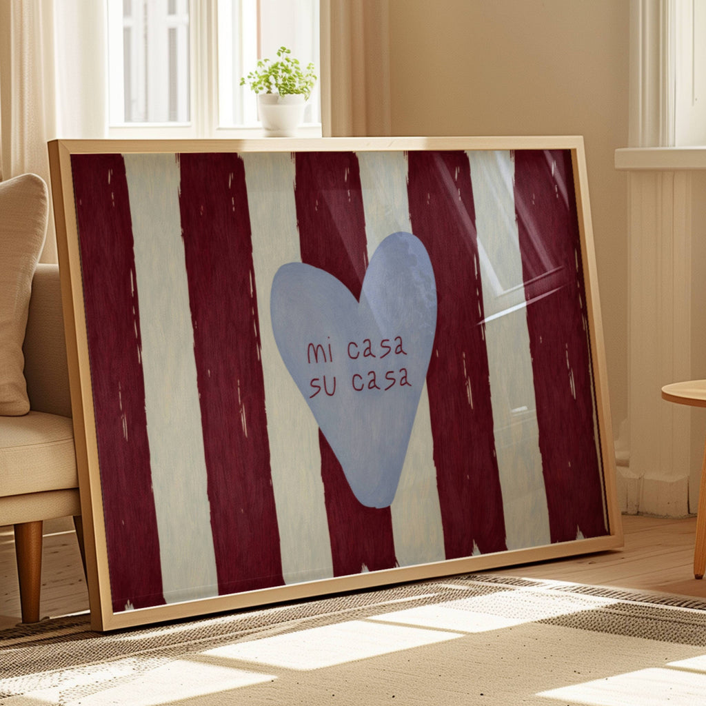 hand drawn Playful typography print with the phrase "mi casa su casa" in striped blue and burgundy, on textured oil painting canva. This is a hand drawn trendy typography wall art print ideal for above bed, bedrooms, dorm room decor, living rooms and kitchens, gallery walls and playful interiors.
