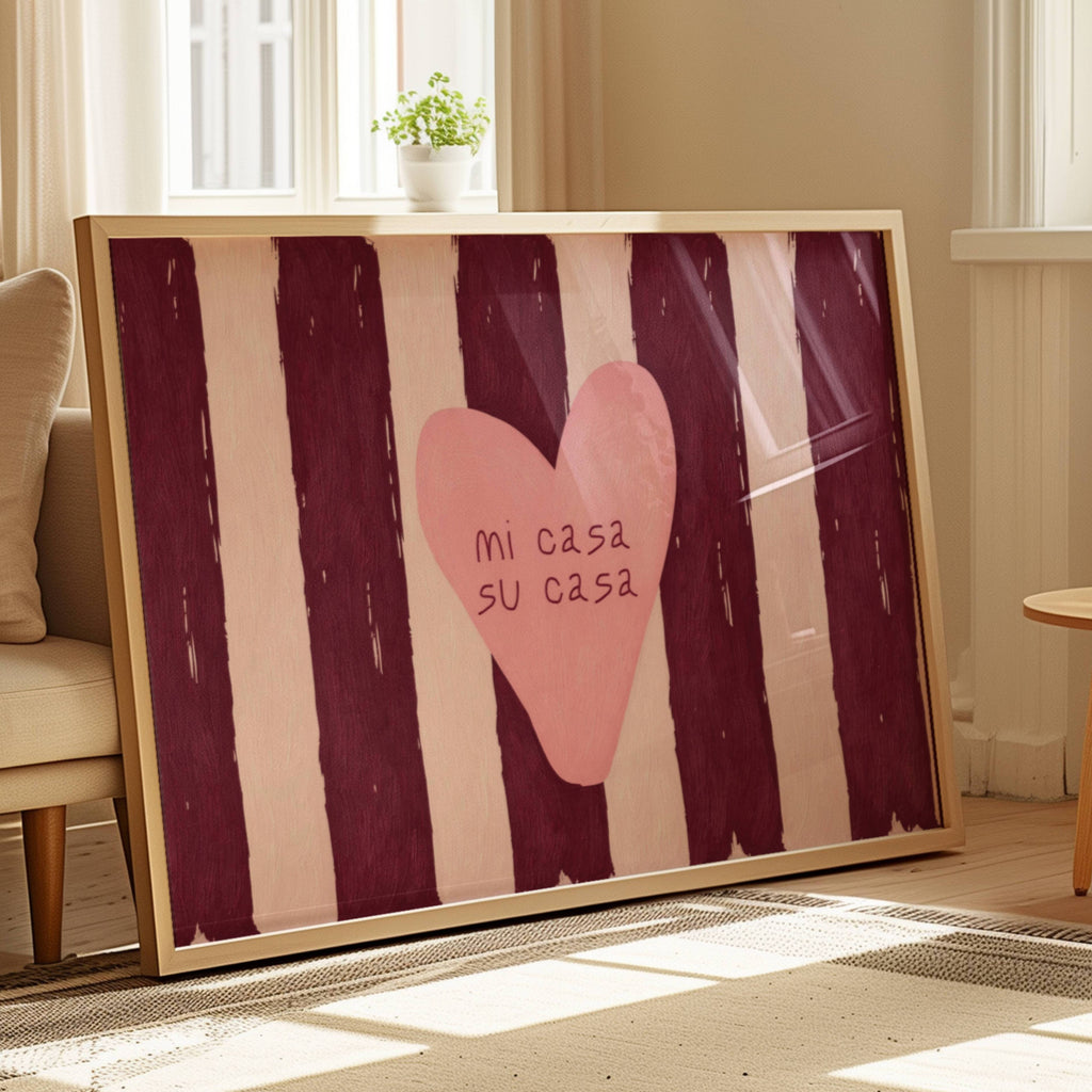 hand drawn Playful typography print with the phrase "mi casa su casa" in striped ruby and pink, on textured oil painting canva. This is a hand drawn trendy typography wall art print ideal for above bed, bedrooms, dorm room decor, living rooms and kitchens, gallery walls and playful interiors.