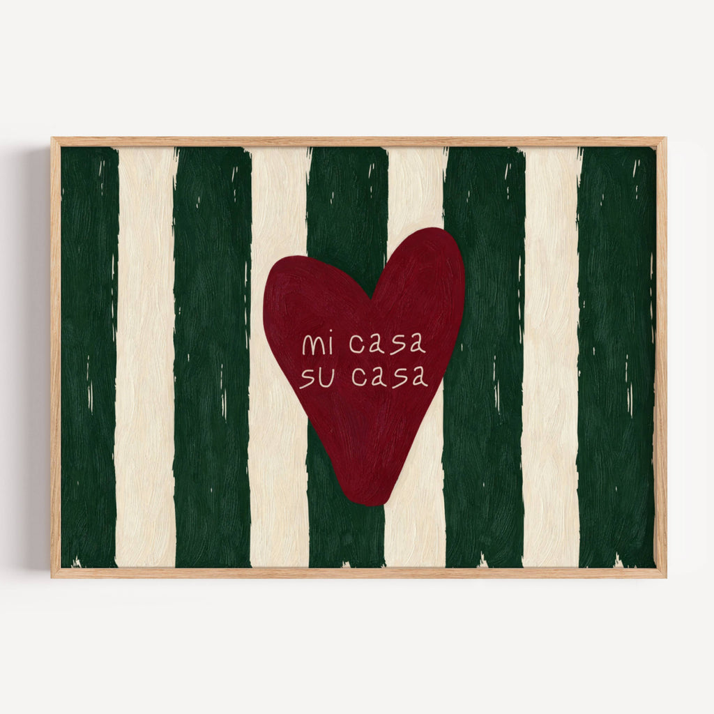 hand drawn Playful typography print with the phrase "mi casa su casa" in striped deep green and off white, on textured oil painting canva. This is a hand drawn trendy typography wall art print ideal for above bed, bedrooms, dorm room decor, living rooms and kitchens, gallery walls and playful interiors.