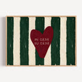 hand drawn Playful typography print with the phrase "mi casa su casa" in striped deep green and off white, on textured oil painting canva. This is a hand drawn trendy typography wall art print ideal for above bed, bedrooms, dorm room decor, living rooms and kitchens, gallery walls and playful interiors.