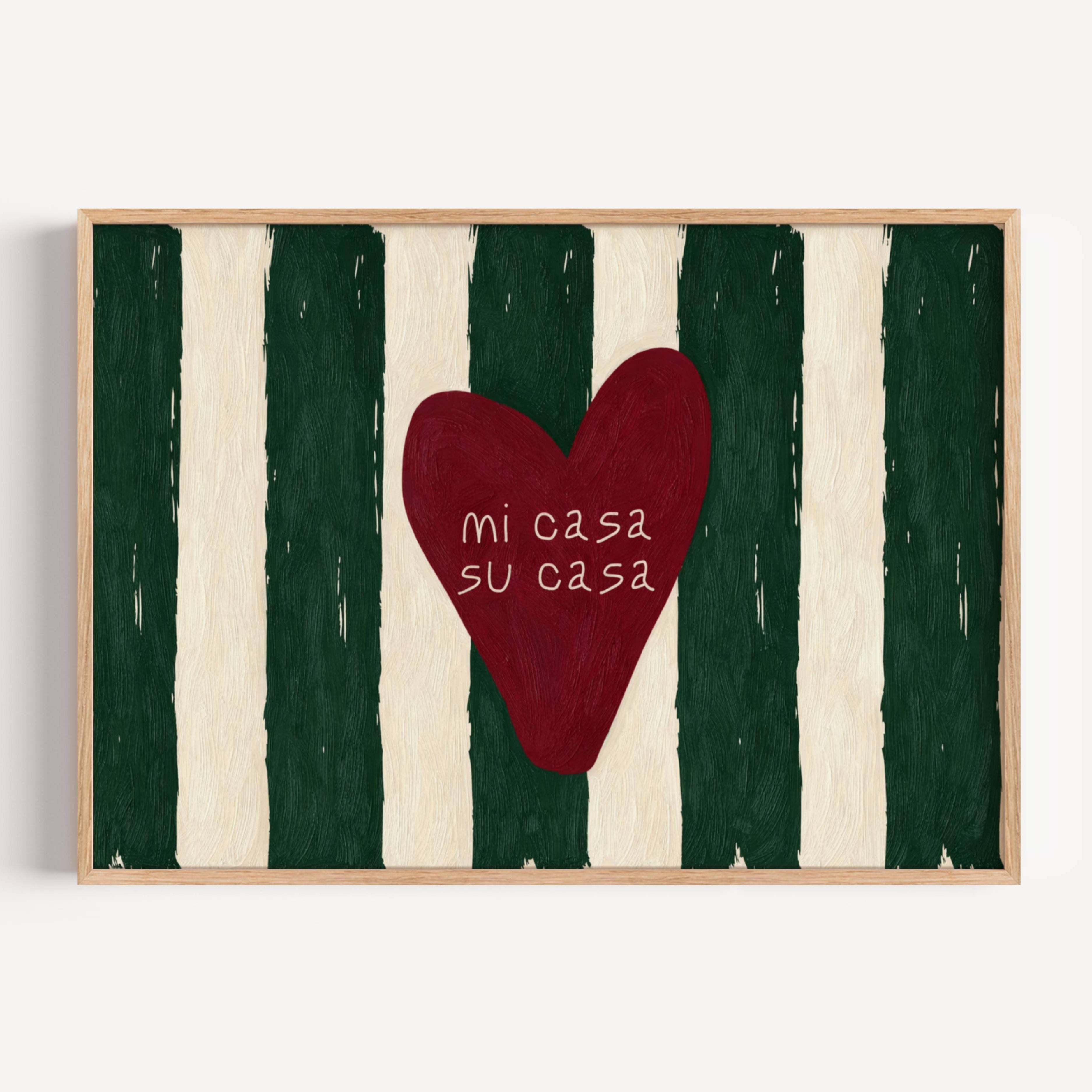 hand drawn Playful typography print with the phrase "mi casa su casa" in striped deep green and off white, on textured oil painting canva. This is a hand drawn trendy typography wall art print ideal for above bed, bedrooms, dorm room decor, living rooms and kitchens, gallery walls and playful interiors.