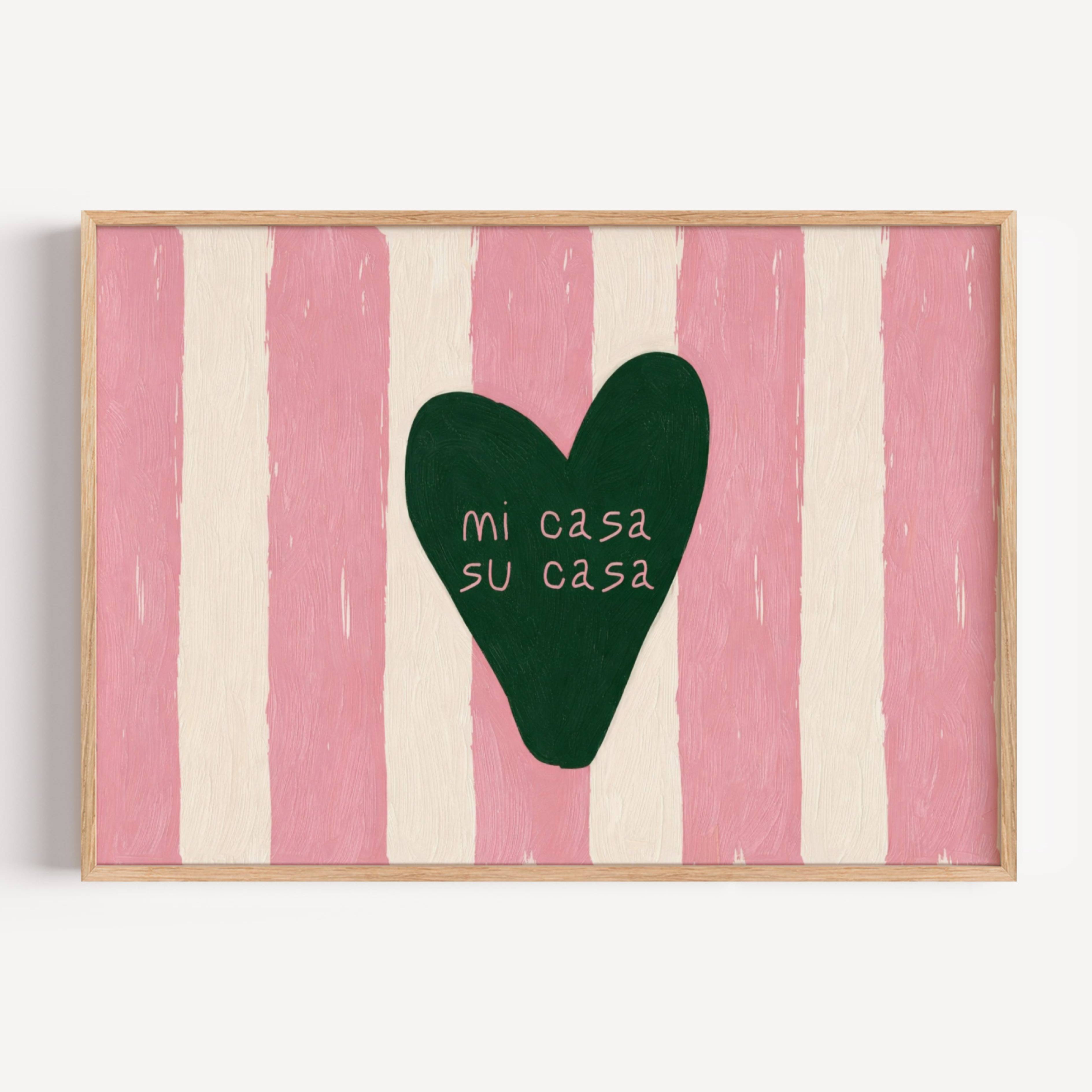 hand drawn Playful typography print with the phrase "mi casa su casa" in striped pink and off white, on textured oil painting canva. This is a hand drawn trendy typography wall art print ideal for above bed, bedrooms, dorm room decor, living rooms and kitchens, gallery walls and playful interiors.