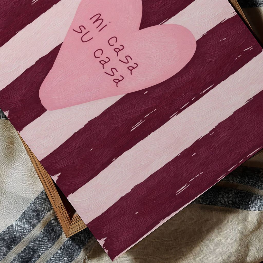 hand drawn Playful typography print with the phrase "mi casa su casa" in striped pink and ruby, on textured oil painting canva. This is a hand drawn trendy typography wall art print ideal for above bed, bedrooms, dorm room decor, living rooms and kitchens, gallery walls and playful interiors.