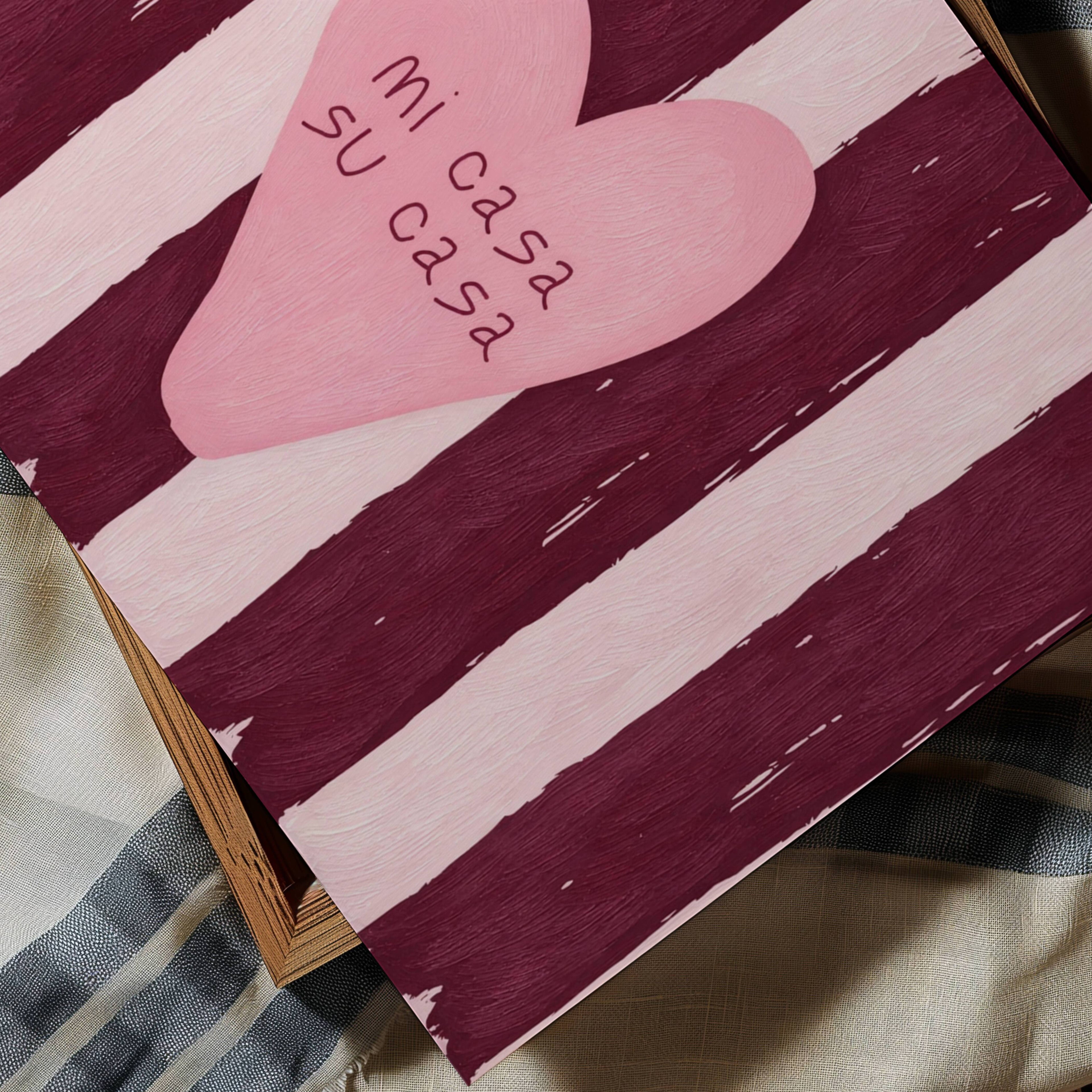 hand drawn Playful typography print with the phrase "mi casa su casa" in striped pink and ruby, on textured oil painting canva. This is a hand drawn trendy typography wall art print ideal for above bed, bedrooms, dorm room decor, living rooms and kitchens, gallery walls and playful interiors.