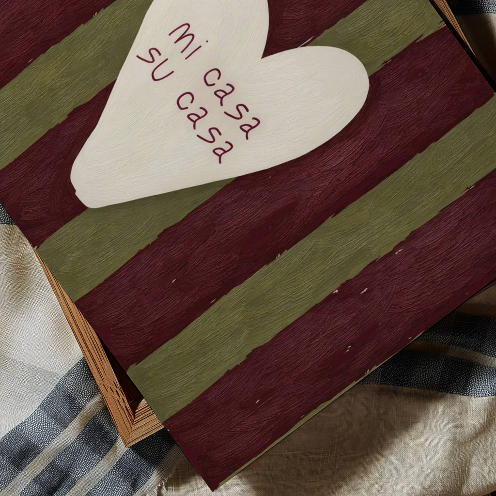 hand drawn Playful typography print with the phrase "mi casa su casa" in striped khaki and burgundy, on textured oil painting canva. This is a hand drawn trendy typography wall art print ideal for above bed, bedrooms, dorm room decor, living rooms and kitchens, gallery walls and playful interiors