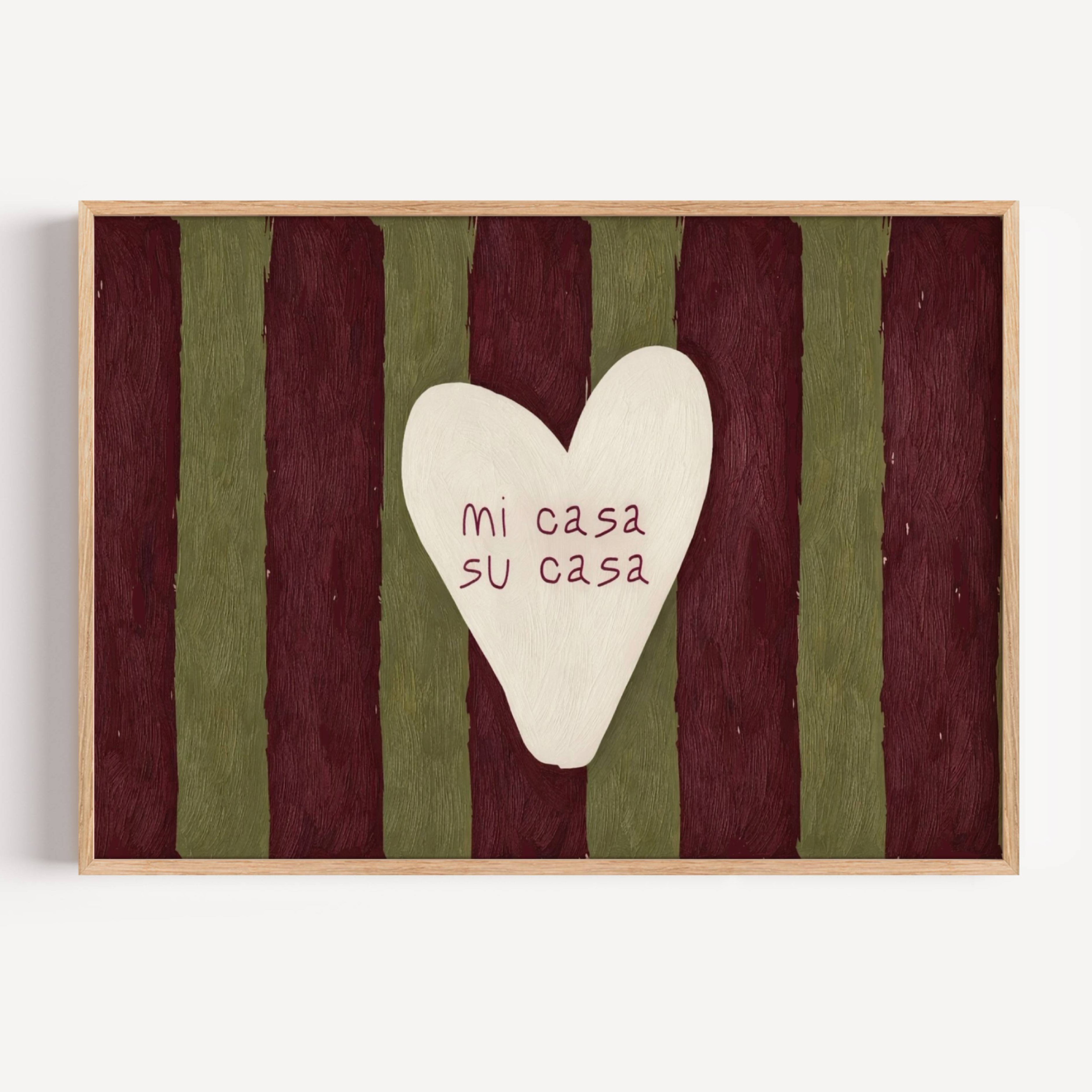 hand drawn Playful typography print with the phrase "mi casa su casa" in striped khaki and burgundy, on textured oil painting canva. This is a hand drawn trendy typography wall art print ideal for above bed, bedrooms, dorm room decor, living rooms and kitchens, gallery walls and playful interiors.