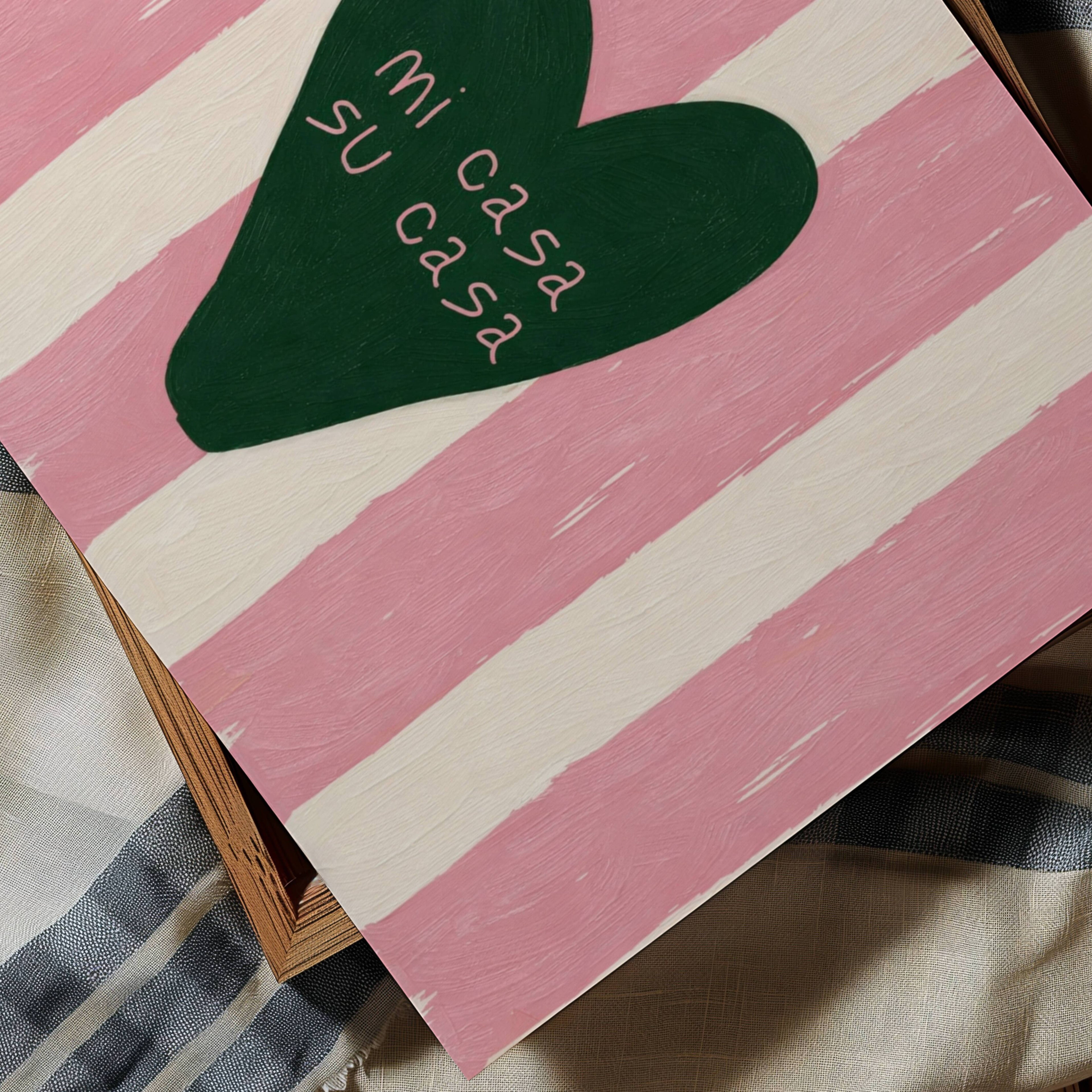 hand drawn Playful typography print with the phrase "mi casa su casa" in striped pink and off white, on textured oil painting canva. This is a hand drawn trendy typography wall art print ideal for above bed, bedrooms, dorm room decor, living rooms and kitchens, gallery walls and playful interiors