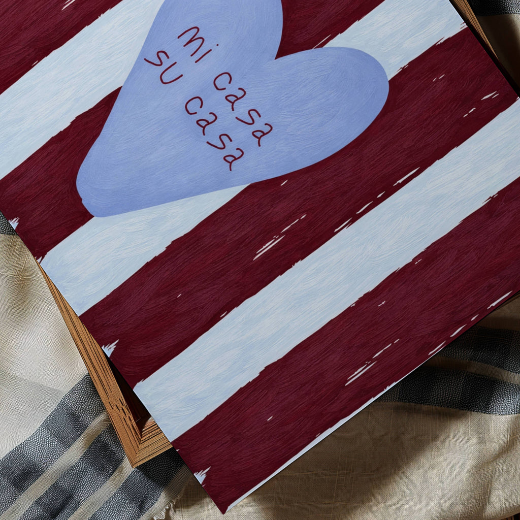 hand drawn Playful typography print with the phrase "mi casa su casa" in striped blue and burgundy, on textured oil painting canva. This is a hand drawn trendy typography wall art print ideal for above bed, bedrooms, dorm room decor, living rooms and kitchens, gallery walls and playful interiors.