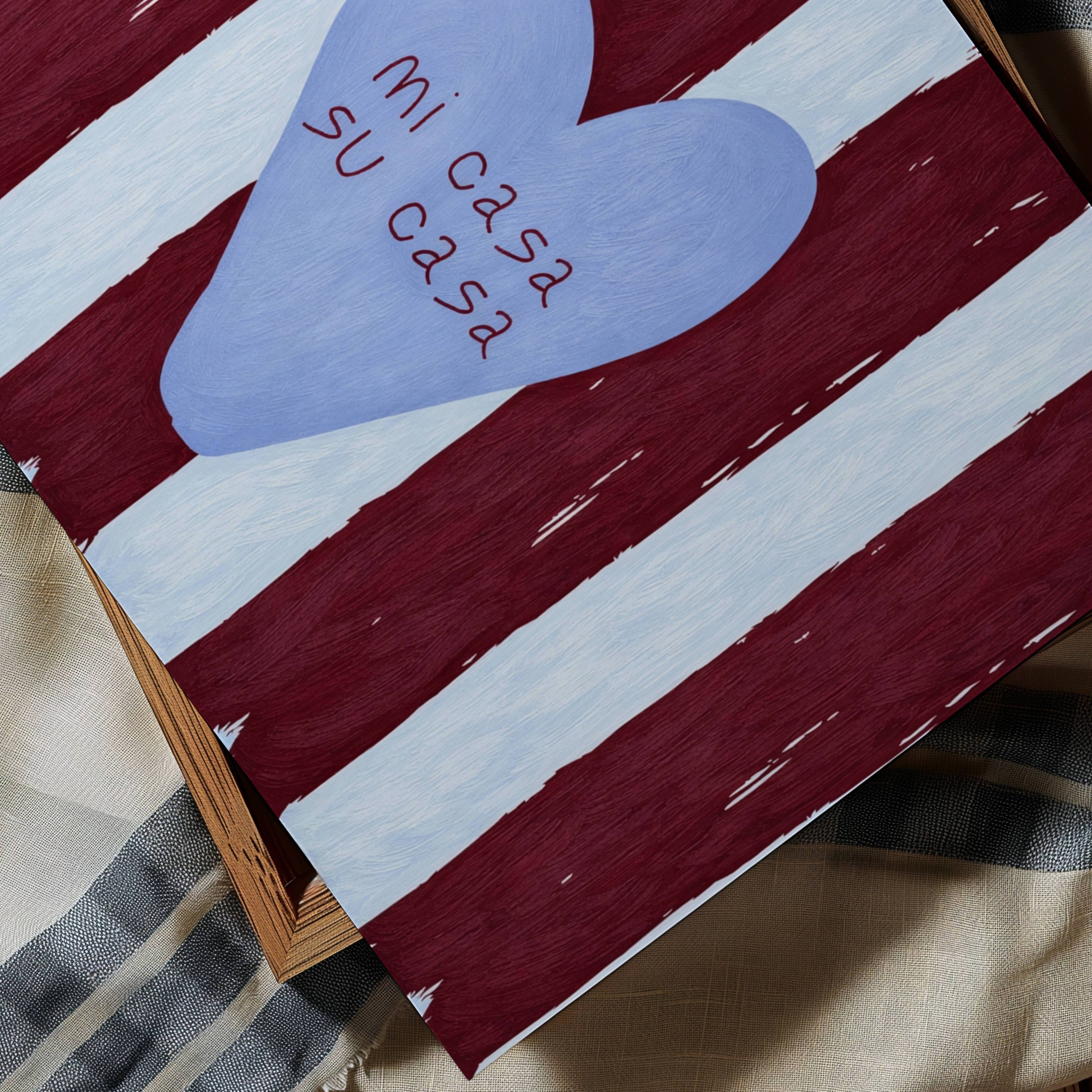 hand drawn Playful typography print with the phrase "mi casa su casa" in striped blue and burgundy, on textured oil painting canva. This is a hand drawn trendy typography wall art print ideal for above bed, bedrooms, dorm room decor, living rooms and kitchens, gallery walls and playful interiors.