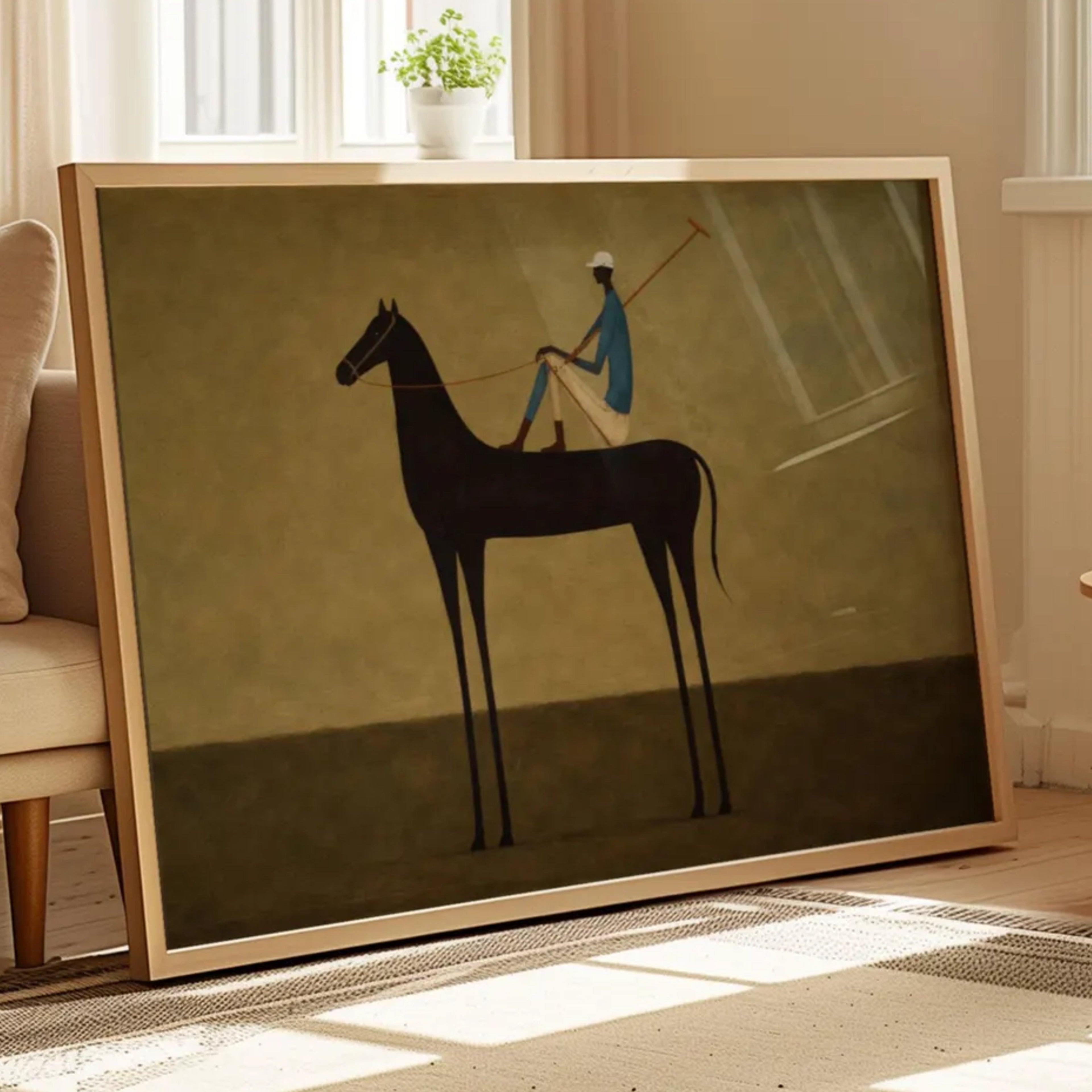 Minimalist Figurative Polo Horse Art print featuring a Polo Player Rider in earthy khaki tones and painterly texture. This is a Hand drawn oil painting print