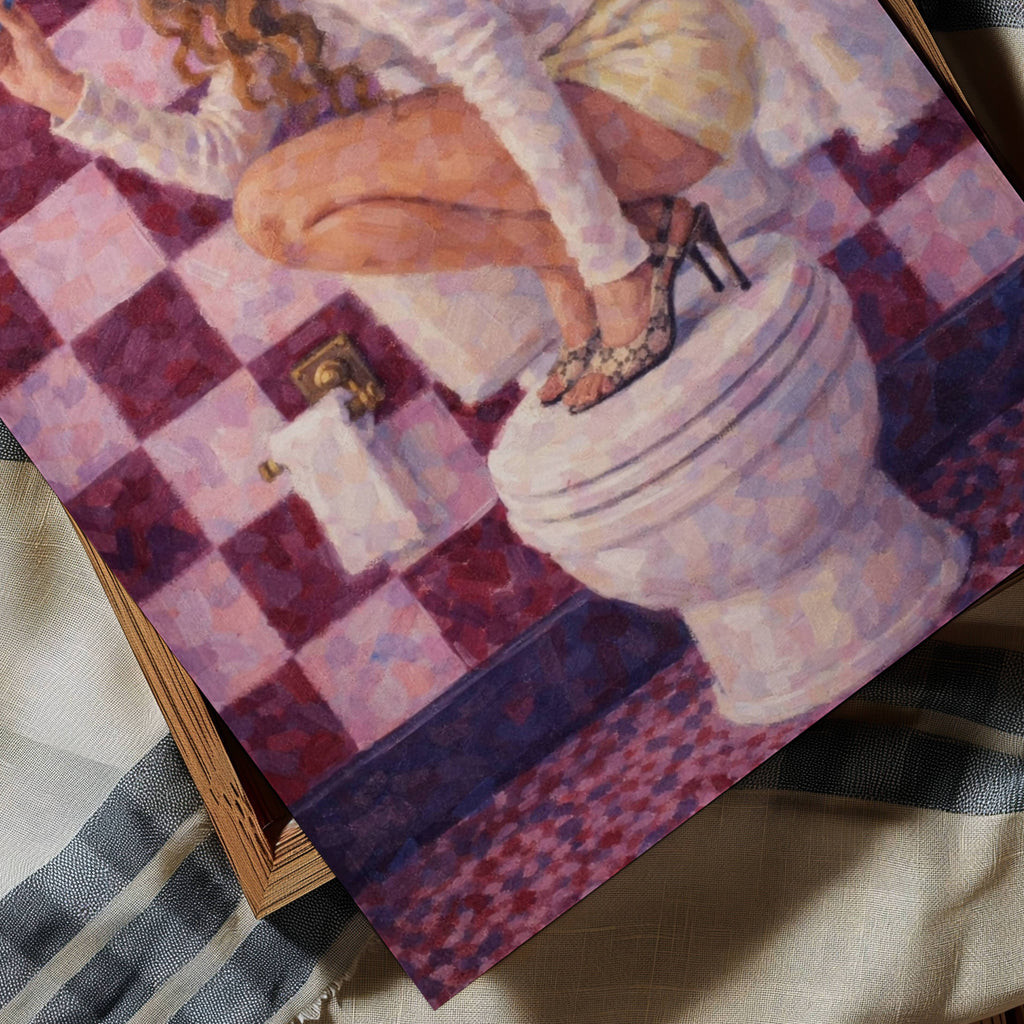 Mirror Talk is a whimsical Hand drawn fine art print that captures the humour, glamour and everyday rituals of getting ready. Featuring a girl perched atop a bathroom sink, holding her toothbrush as her microphone against a checkerboard backdrop, in pink and ruby colors. playful and nostalgic, soft painterly style, vintage-inspired composition, contemporary sense of fun. Inspired by feminine interiors, retro bathrooms it adds warmth, humour and character to powder rooms, bathrooms, dressing rooms
