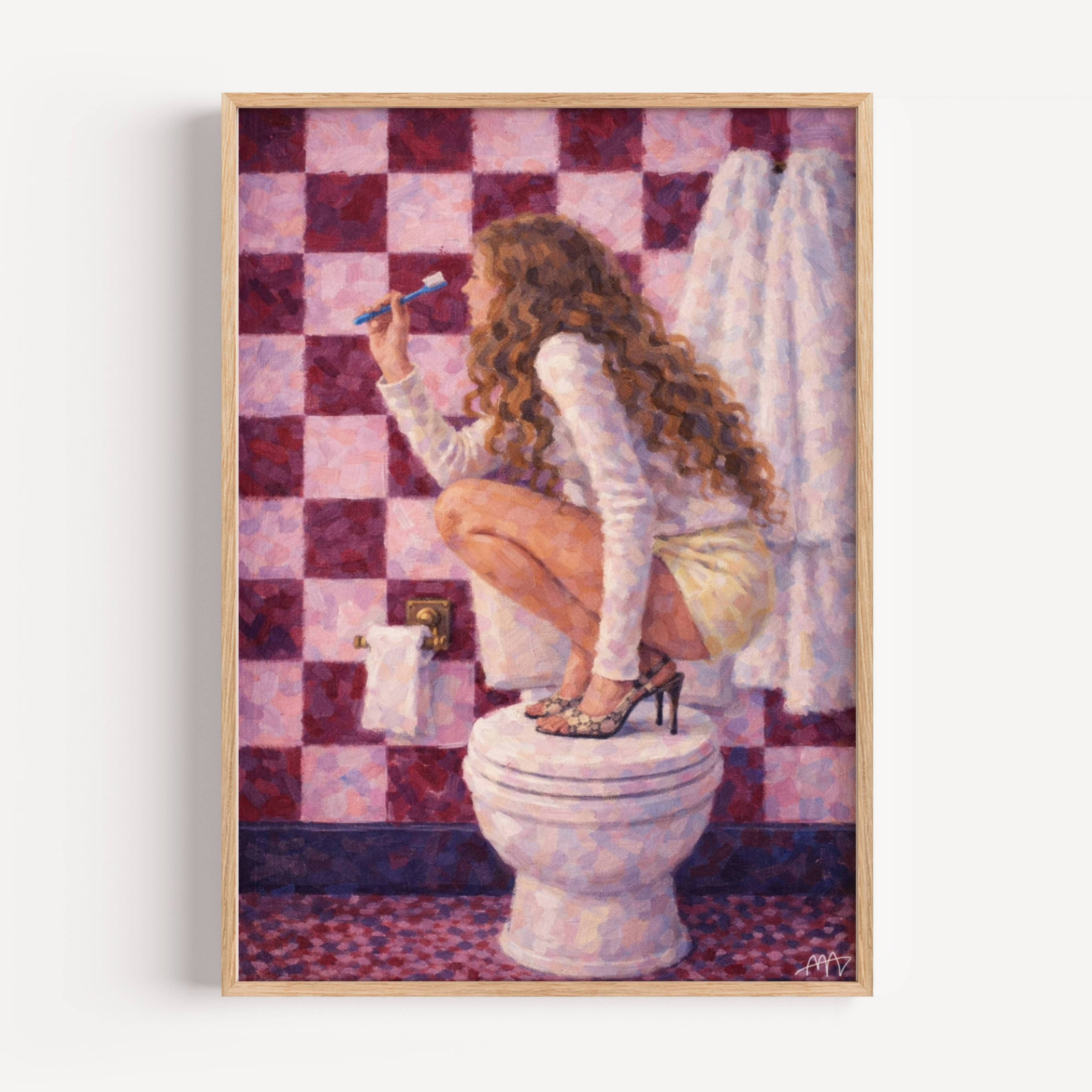 Mirror Talk is a whimsical Hand drawn fine art print that captures the humour, glamour and everyday rituals of getting ready. Featuring a girl perched atop a bathroom sink, holding her toothbrush as her microphone against a checkerboard backdrop, in pink and ruby colors. playful and nostalgic, the piece evokes sleepovers, late-night conversations, beauty rituals and the carefree confidence of girlhood. The soft painterly style, rich colour palette and vintage-inspired composition give the artwork a timeless
