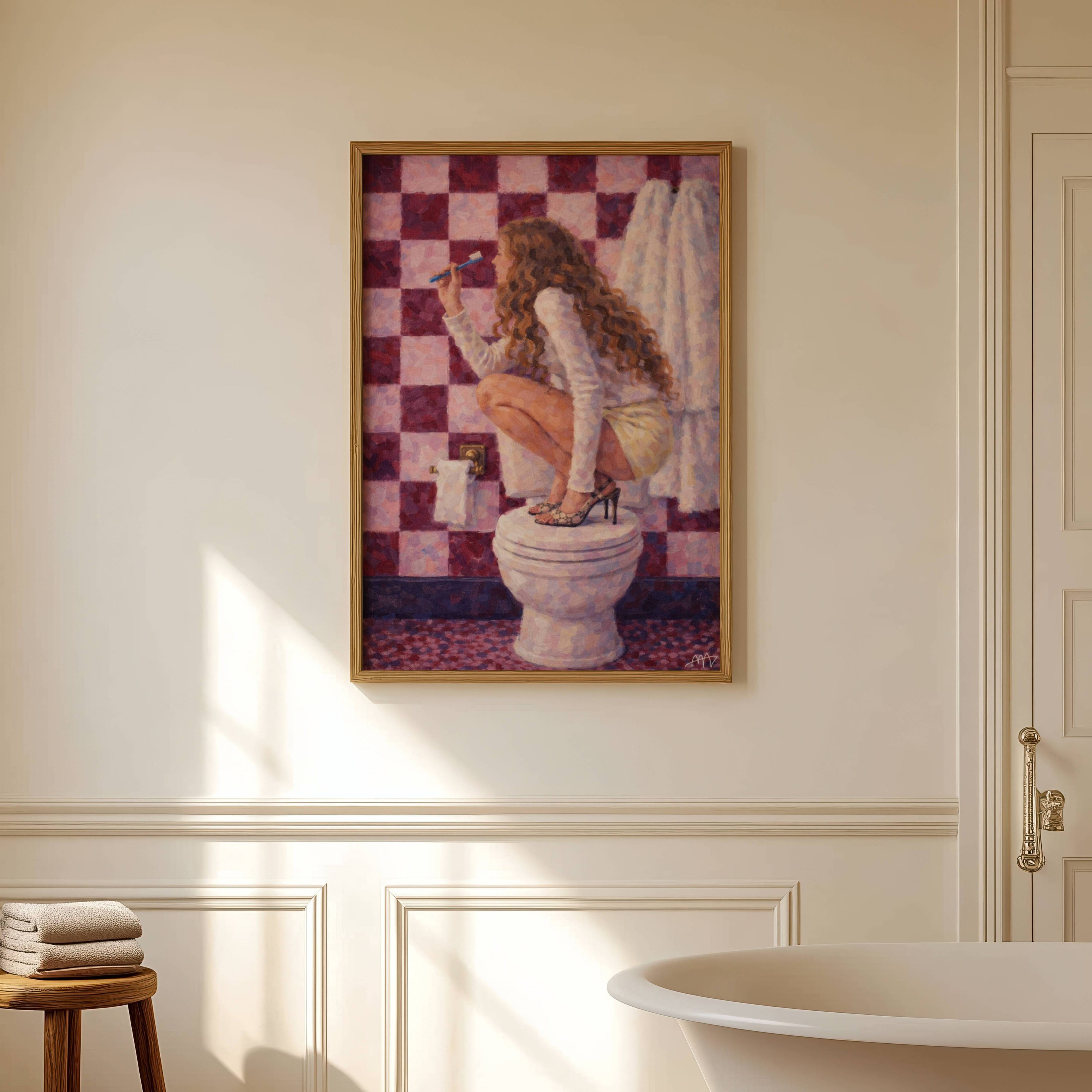Mirror Talk is a whimsical Hand drawn fine art print that captures the humour, glamour and everyday rituals of getting ready. Featuring a girl perched atop a bathroom sink, holding her toothbrush as her microphone against a checkerboard backdrop, in pink and ruby colors. playful and nostalgic, soft painterly style, vintage-inspired composition, contemporary sense of fun. Inspired by feminine interiors, retro bathrooms it adds warmth, humour and character to powder rooms, bathrooms, dressing rooms