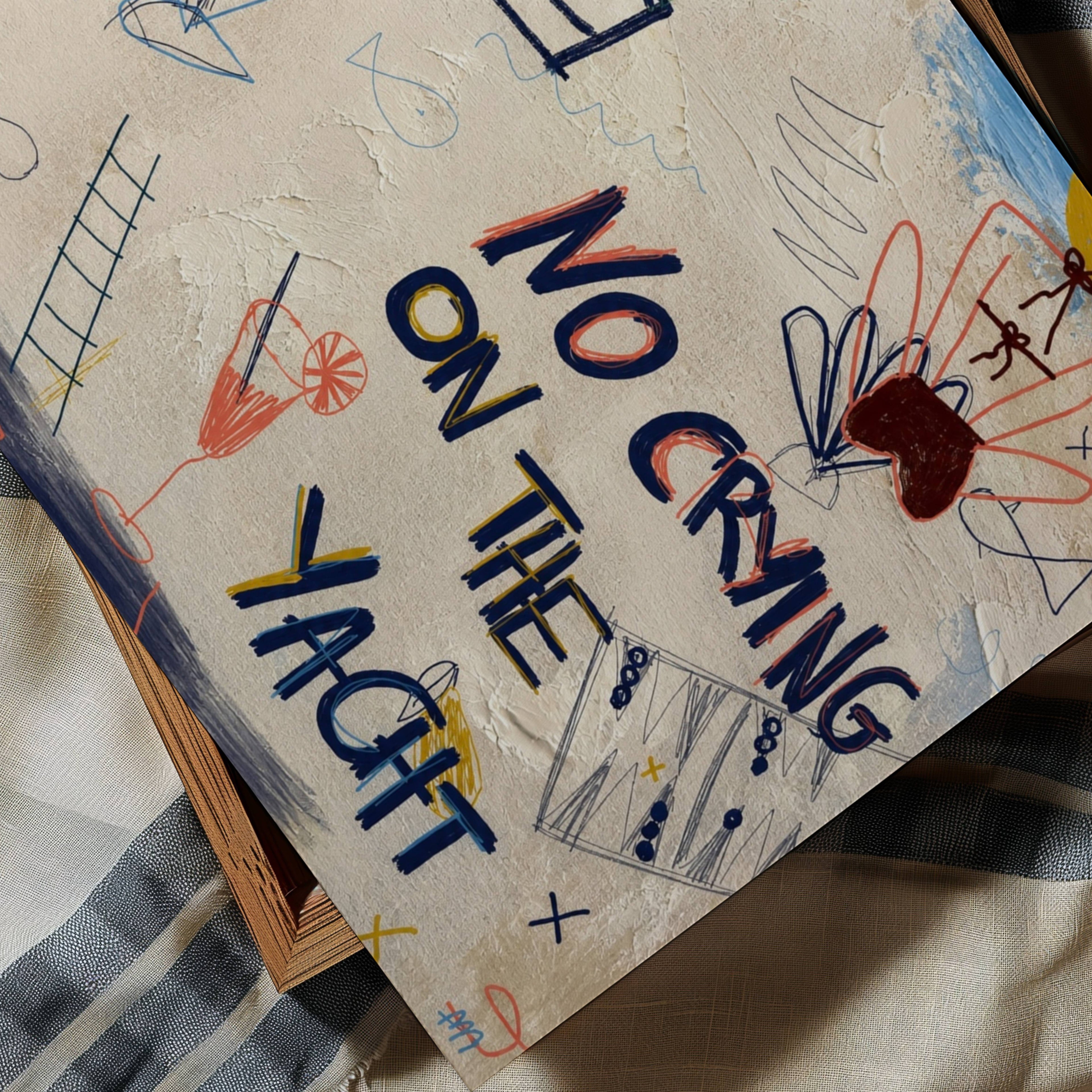 No Crying on the Yacht playful collage handwritten typography wall art print, spontaneous drawings and Riviera-inspired symbols that capture the carefree spirit of long Mediterranean days. Boats, cocktails, sunshine, palm trees and imperfect doodles come together like pages torn from a holiday journal. expressive mark-making over a richly textured painted background, this artwork feels both contemporary and nostalgic—equal parts fine art, travel diary and visual conversation piece. Bold, colourful and full 