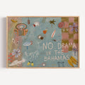 No drama in the bahamas playful collage handwritten typography wall art print, spontaneous drawings and Riviera-inspired symbols that capture the carefree spirit of long Mediterranean days. Boats, cocktails, sunshine, palm trees and imperfect doodles come together like pages torn from a holiday journal. expressive mark-making over a richly textured painted background, this artwork feels both contemporary and nostalgic—equal parts fine art, travel diary and visual conversation piece. Bold, colourful and full