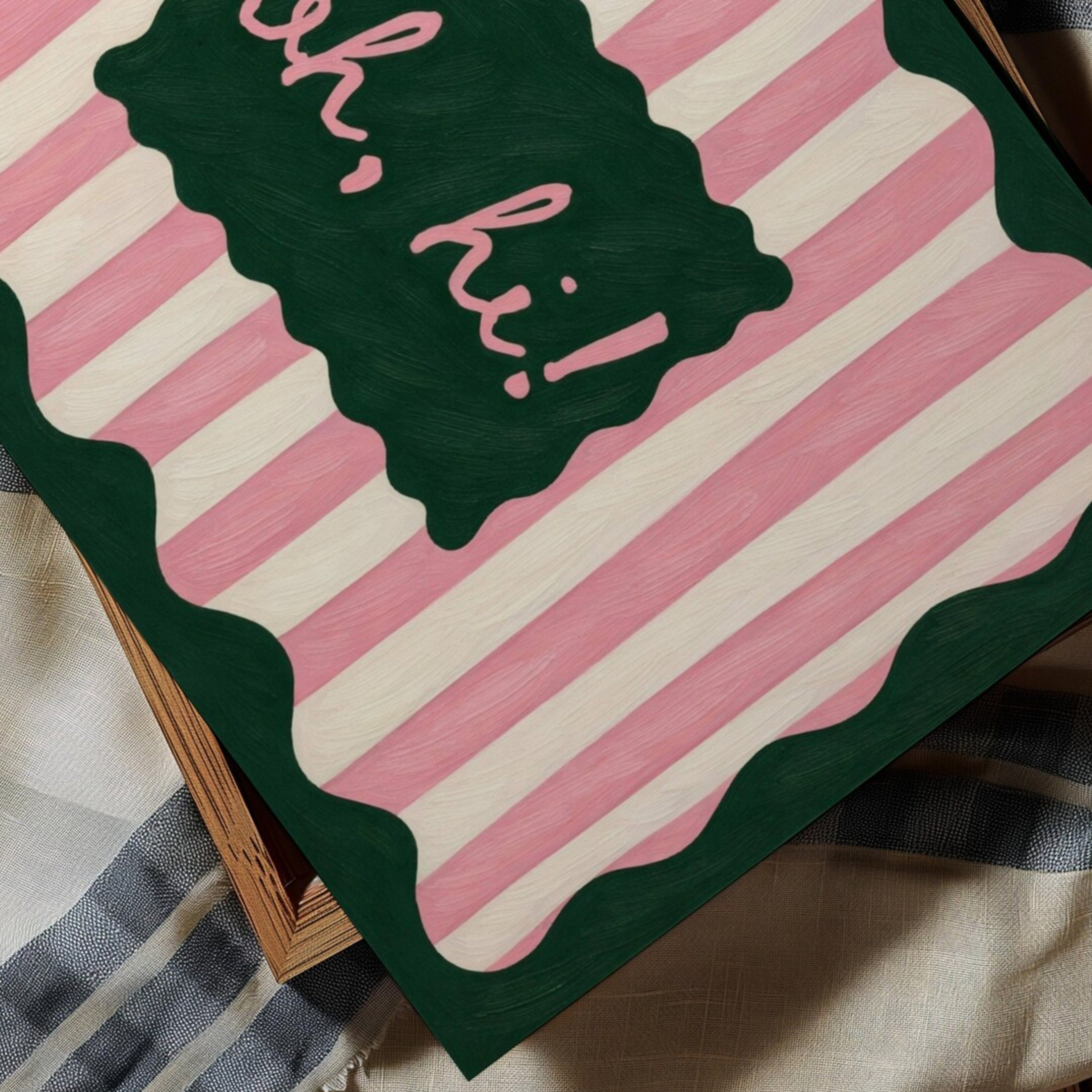 hand drawn Playful typography print with the phrase "oh, hi!" in a retro striped pink ruby, khaki burgundy, blue ruby, pink green on textured oil painting canva. This is a hand drawn trendy typography wall art print ideal for above bed, bedrooms, dorm room decor, living rooms and kitchens, gallery walls and playful interiors.