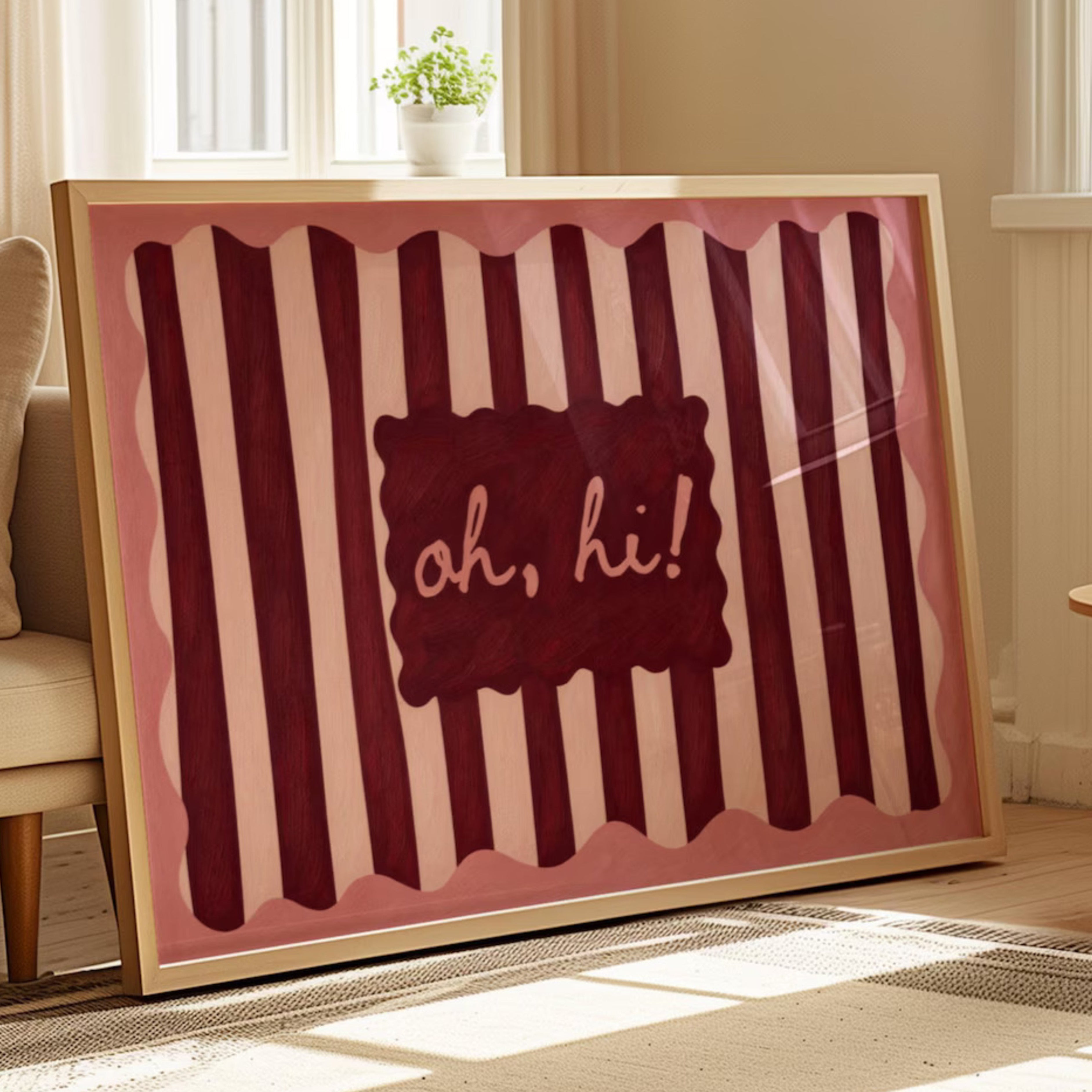 hand drawn Playful typography print with the phrase "oh, hi!" in a retro striped pink ruby, khaki burgundy, blue ruby, pink green on textured oil painting canva. This is a hand drawn trendy typography wall art print ideal for above bed, bedrooms, dorm room decor, living rooms and kitchens, gallery walls and playful interiors.
