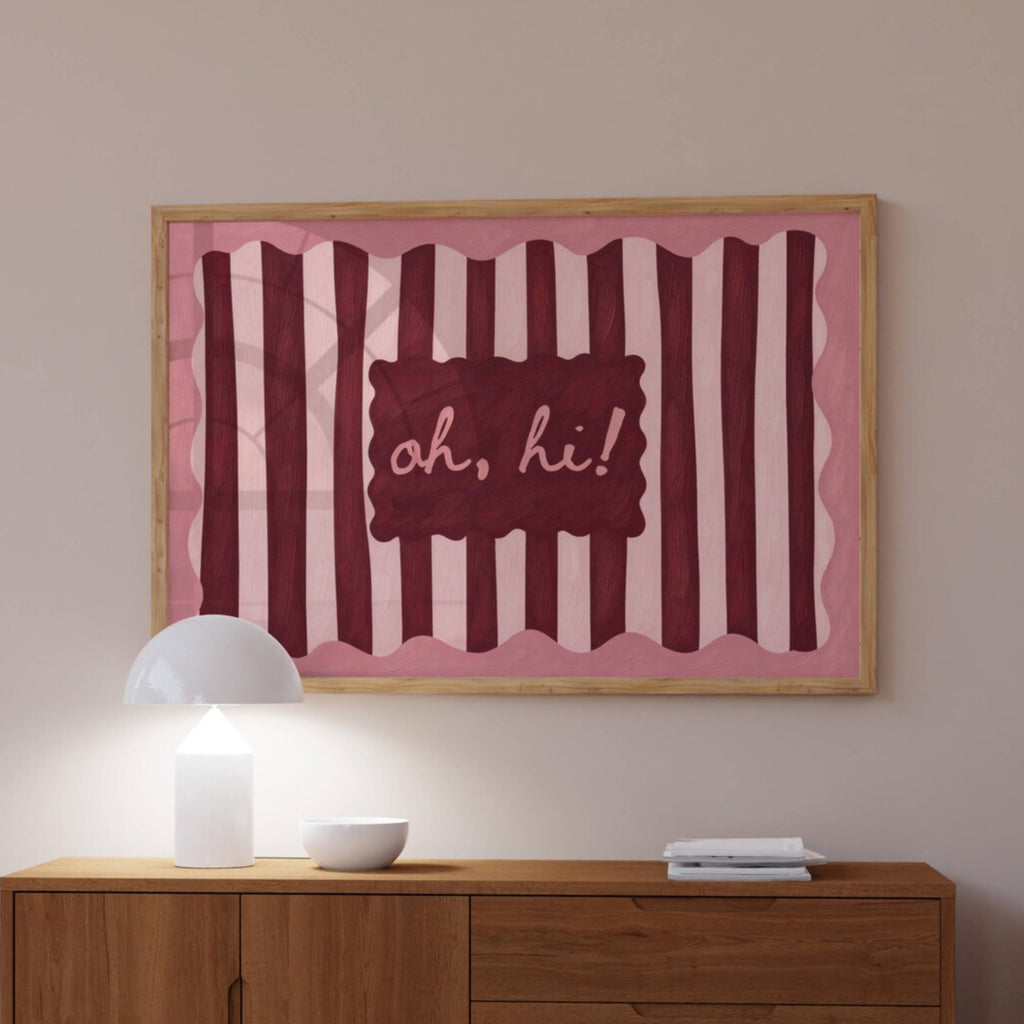 hand drawn Playful typography print with the phrase "oh, hi!" in a retro striped pink ruby, khaki burgundy, blue ruby, pink green on textured oil painting canva. This is a hand drawn trendy typography wall art print ideal for above bed, bedrooms, dorm room decor, living rooms and kitchens, gallery walls and playful interiors.