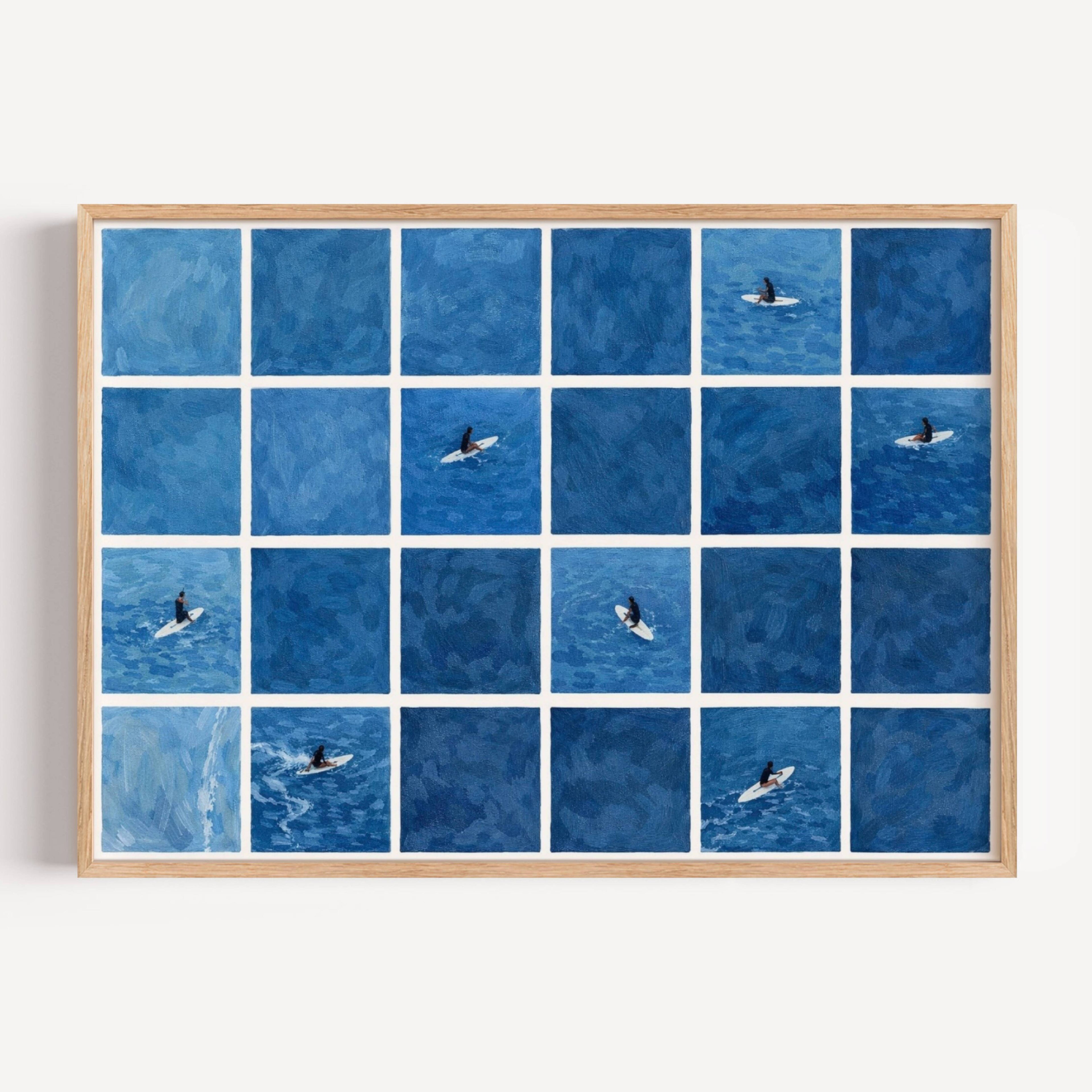 OPEN WATER Tiny Swimmers Pool Oil Painting Print, Minimalist Tiny People Swimming in Sea Wall Art, Hand Drawn Summer Aerial beach print , coastal wall art decor, surfers wall art , apres surf print