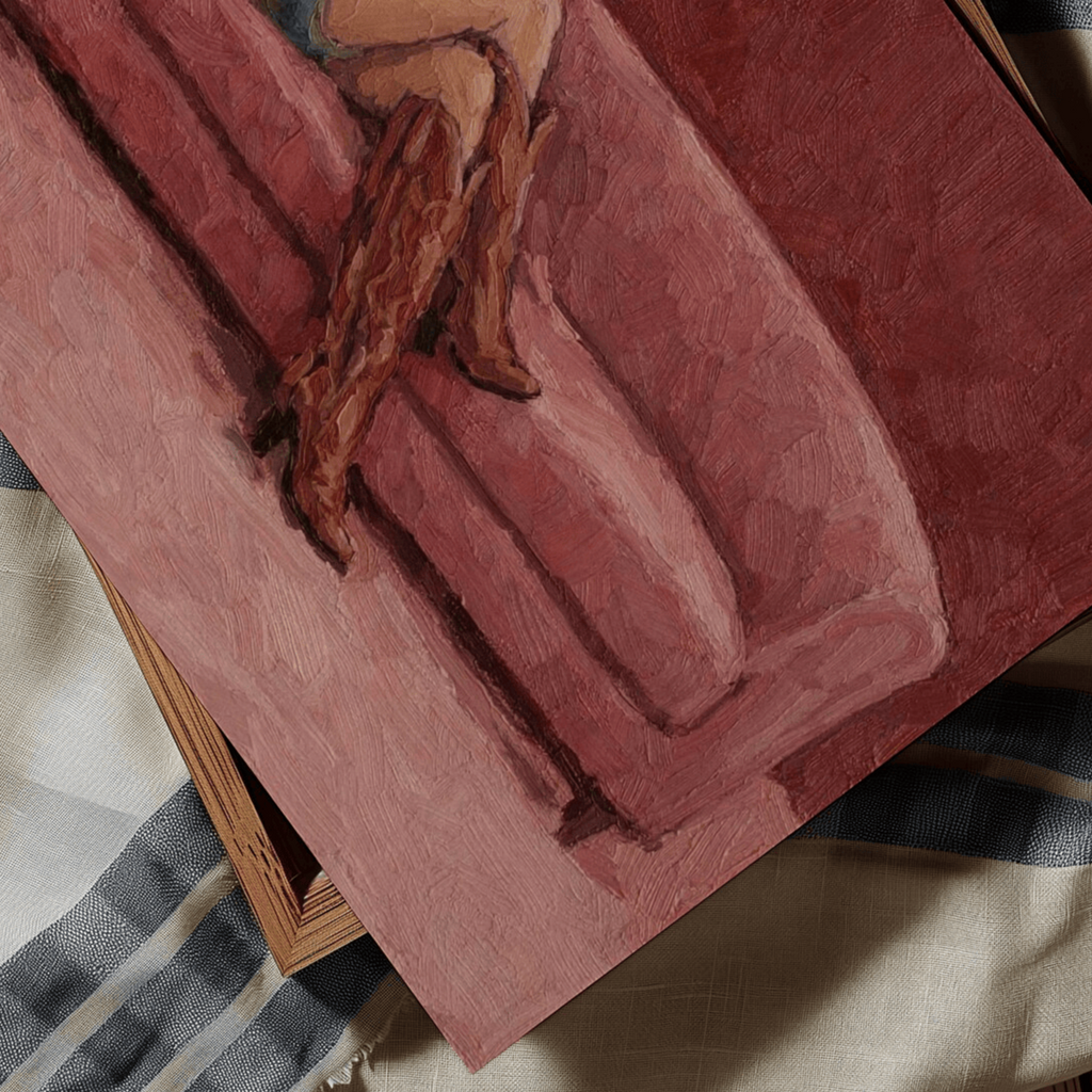 abstract Western wall art featuring an off-duty cowgirl reclining on a blush dusty pink sofa in cowboy boots and cowboy hat, inspired by western and contemporary folk aesthetics. This is a hand drawn Contemporary western art Print Oil Painting.