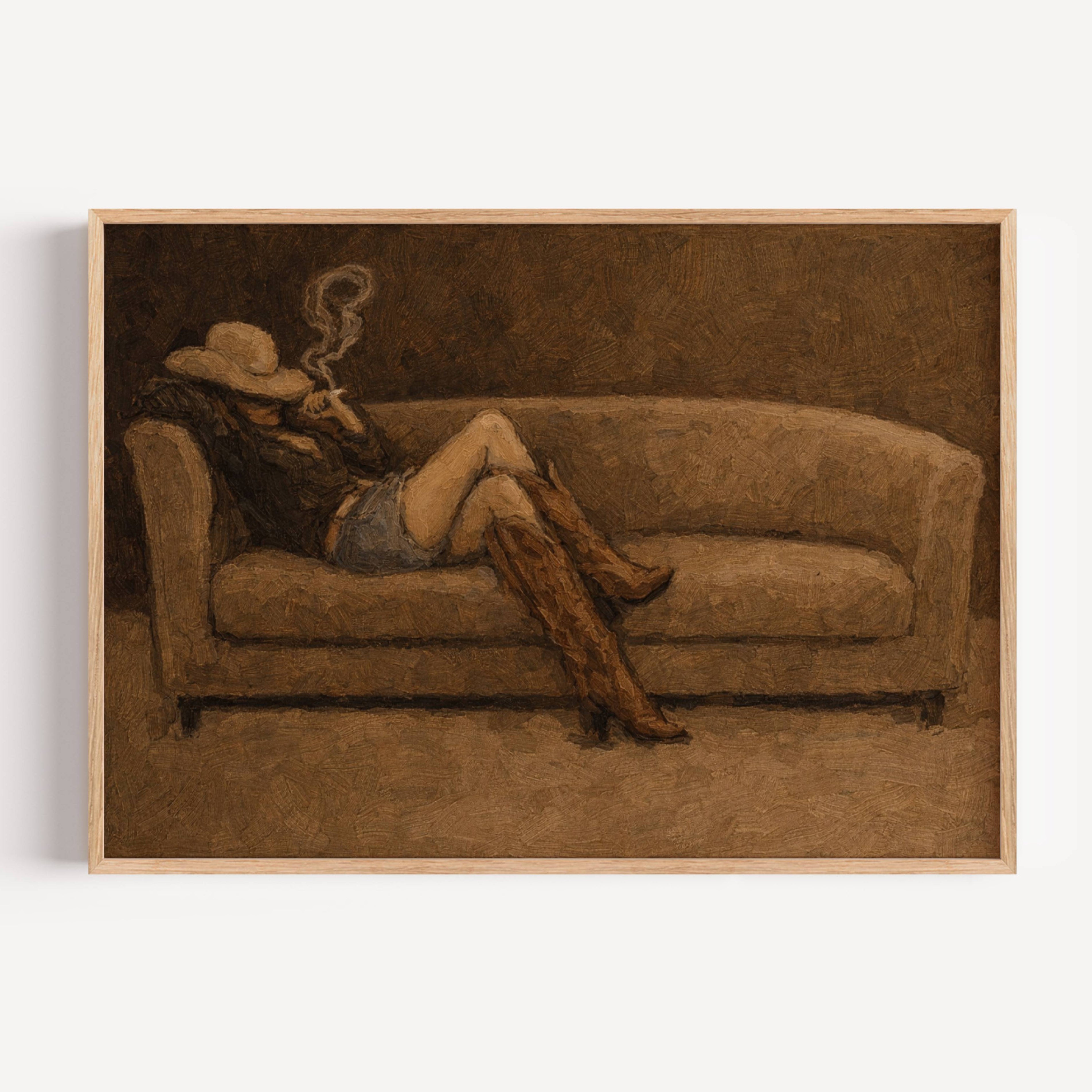 abstract Western wall art featuring an off-duty cowgirl reclining on a earthy khaki brown sofa in cowboy boots and cowboy hat, inspired by western and contemporary folk aesthetics. This is a hand drawn Contemporary western art Print Oil Painting.