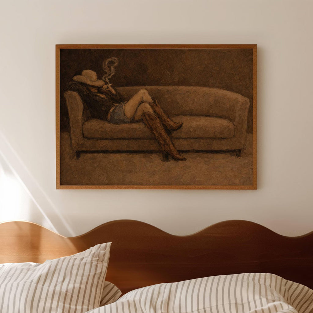 abstract Western wall art featuring an off-duty cowgirl reclining on a khaki brown sofa in cowboy boots and cowboy hat, inspired by western and contemporary folk aesthetics. This is a hand drawn Contemporary western art Print Oil Painting.