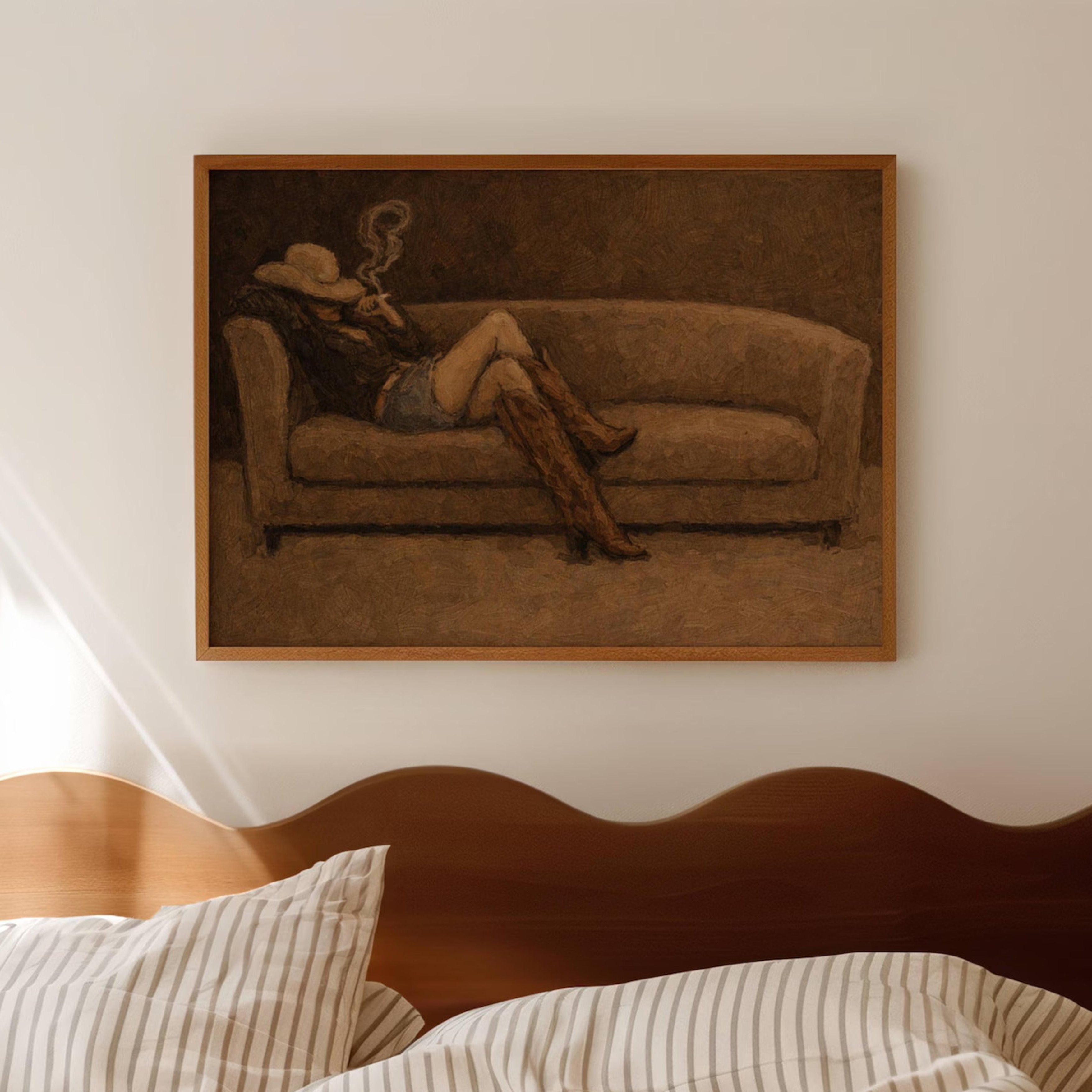 abstract Western wall art featuring an off-duty cowgirl reclining on a khaki brown sofa in cowboy boots and cowboy hat, inspired by western and contemporary folk aesthetics. This is a hand drawn Contemporary western art Print Oil Painting.